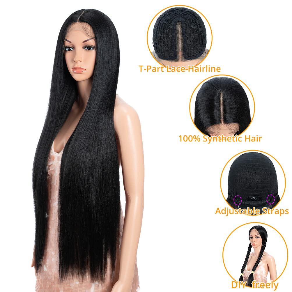 Style Icon Style Icon 36" Lace Front Wigs Super Long Yaki Straight Wig With Baby Hair 130% Density Synthetic Wig (36 Inches, 1B)