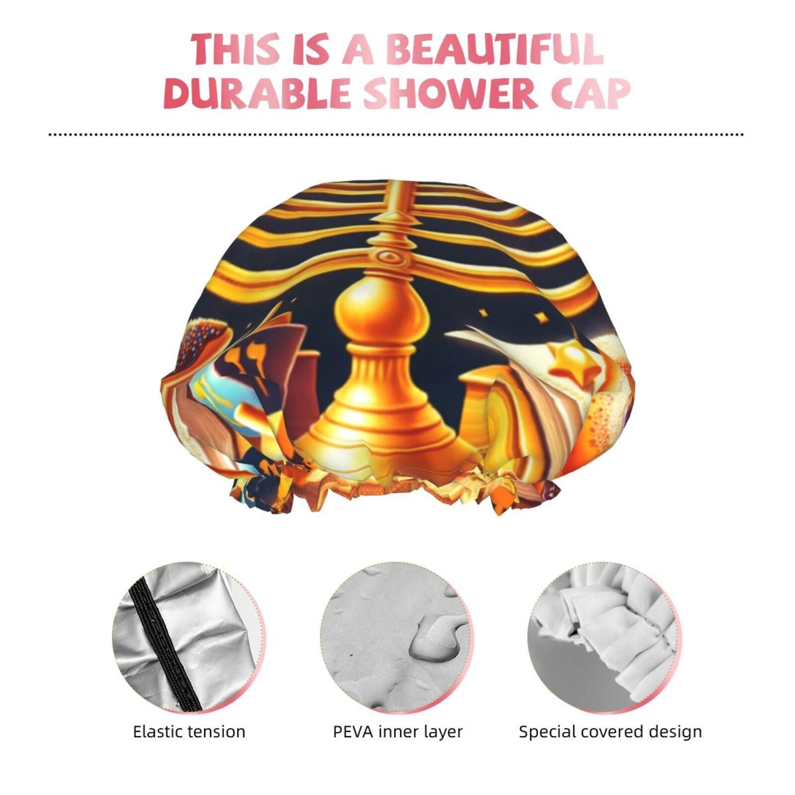 Augenstern Women Reusable Shower Cap Happy-Hanukkah-Jewish-Menorah Double Layers Waterproof Elastic Band Bath Hair Hat Stretch Hem Hair Hat