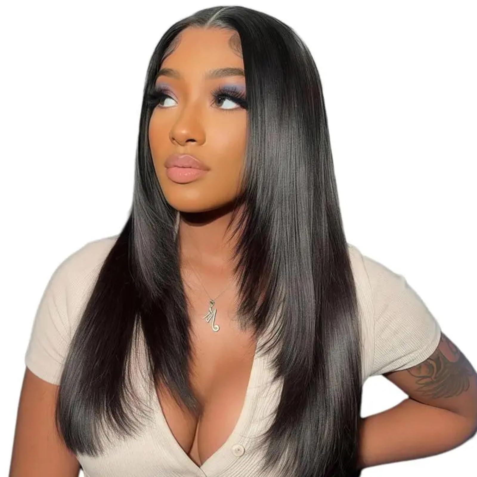 TESLAL TESLAL Blend Wigs Human Hair Glueless Wear and Go Glueless Wigs Human Hair Pre Plucked Pre Cut Layered Wig Straight 6X6 Synthetic and Human Hair Blend Wig 22Inch Black Color 260% Density