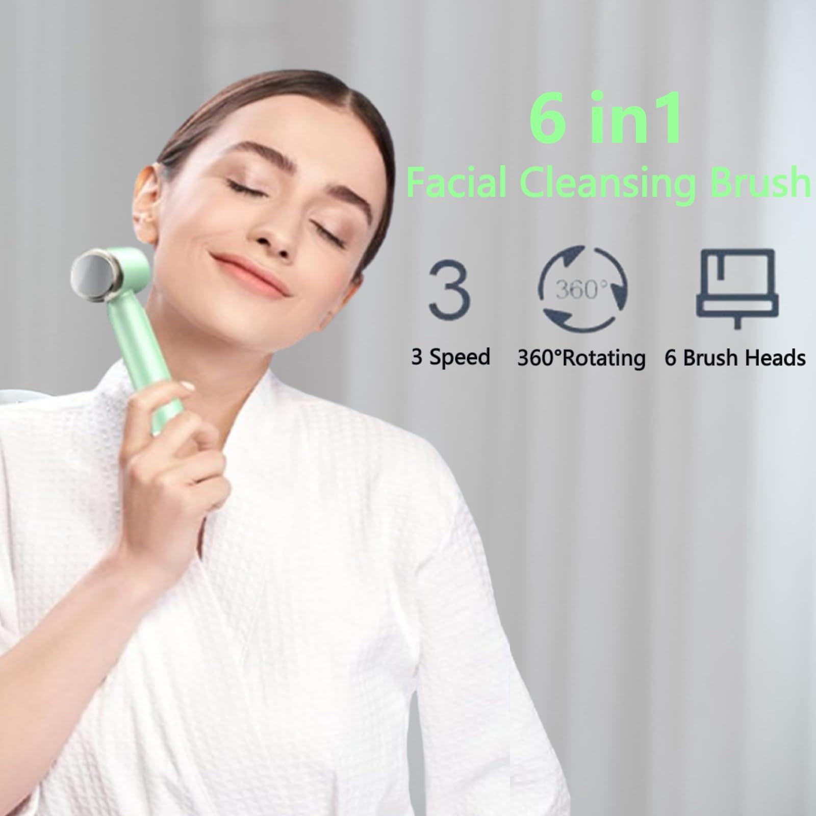 DotPet Facial Cleansing Brush, 6 in 1 Electric Face Scrubber with 6 Brush Heads and 3 Spin Speeds for Deep Cleansing, Waterproof Rechargeable Face Brushes for Dry Oily Sensitive Skin (Green)