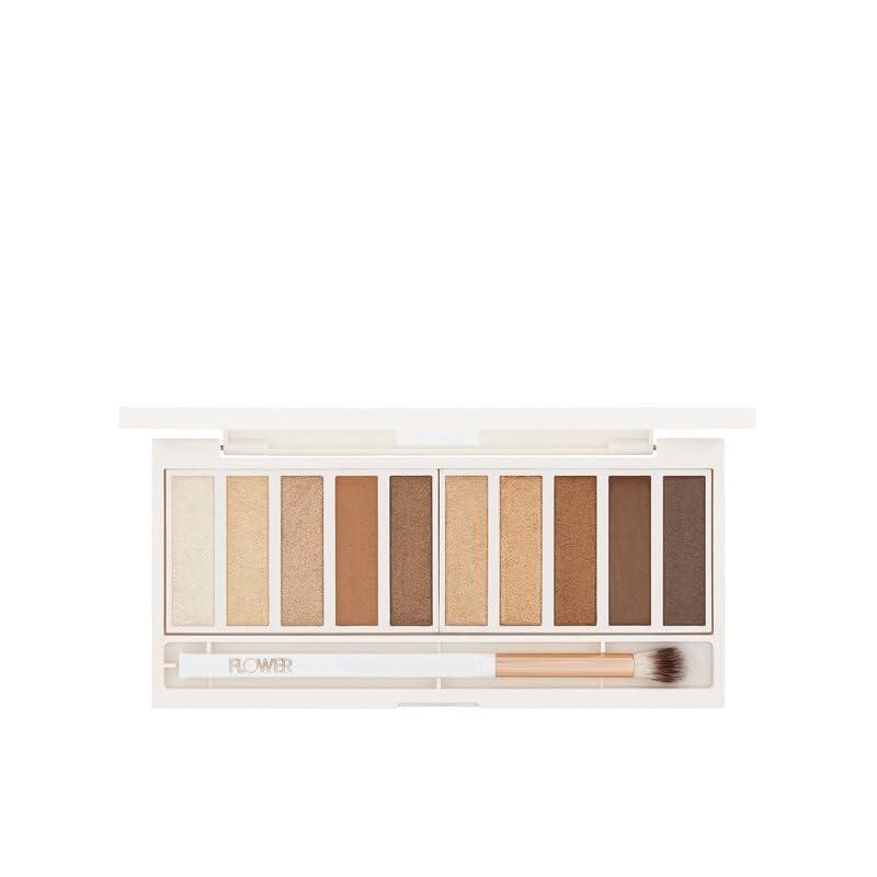 FLOWER BEAUTY FLOWER BEAUTY By Drew Barrymore Shimmer + Shade Eyeshadow Palette - Neutral Colors + Ten Shades - Mix + Layers Shades - Easily Blendable + Rich Color Payoff - Brush Included (Sun\'s Blazing)