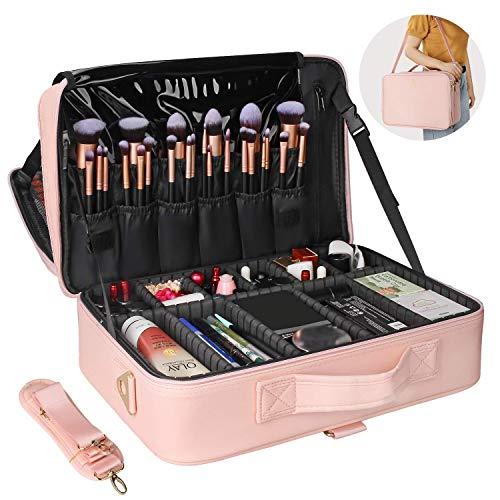 Relavel Relavel Makeup Case Large Makeup Bag Professional Train Case 16.5 inches Travel Cosmetic Organizer Brush Holder Waterproof Makeup Artist Storage Box, 3 Layer Large with Adjustable Strap (Pink)