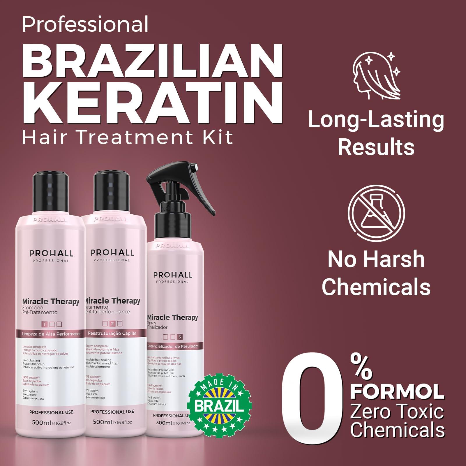 Prohall Cosmetic Brazilian Keratin Hair Treatment Blowout Complex- Prohall Miracle Therapy Kit 44Floz/ 1300ml- Formaldehyde Free Keratin Treatment at Home -Queratina Brasilea Keratina Para Alisar el Pelo Sin Formol