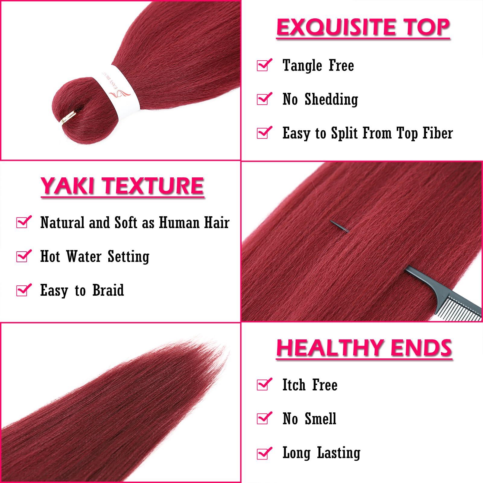 Dorsanee Dorsanee Burgundy Braiding Hair Pre Stretched 24 Inch 3 Packs Braiding Hair Extensions for Box Braids Twists Locs Hair Soft Yaki Texture Hot Water Setting (#Burgundy)