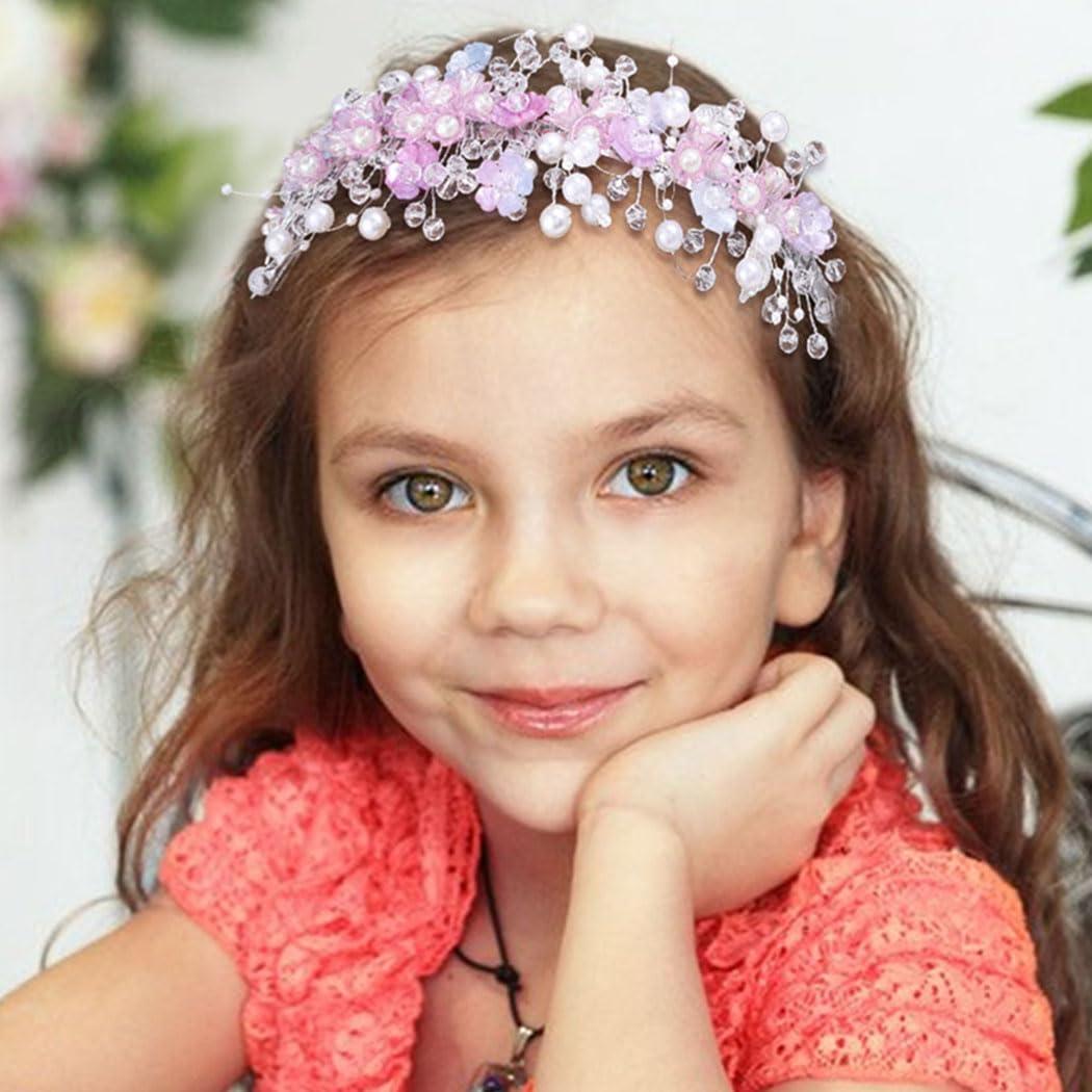Woeoe Woeoe Pearl Princess Headband Pink Flower Crystal Hair Band Birthday Wedding Communion Hair Accessories
