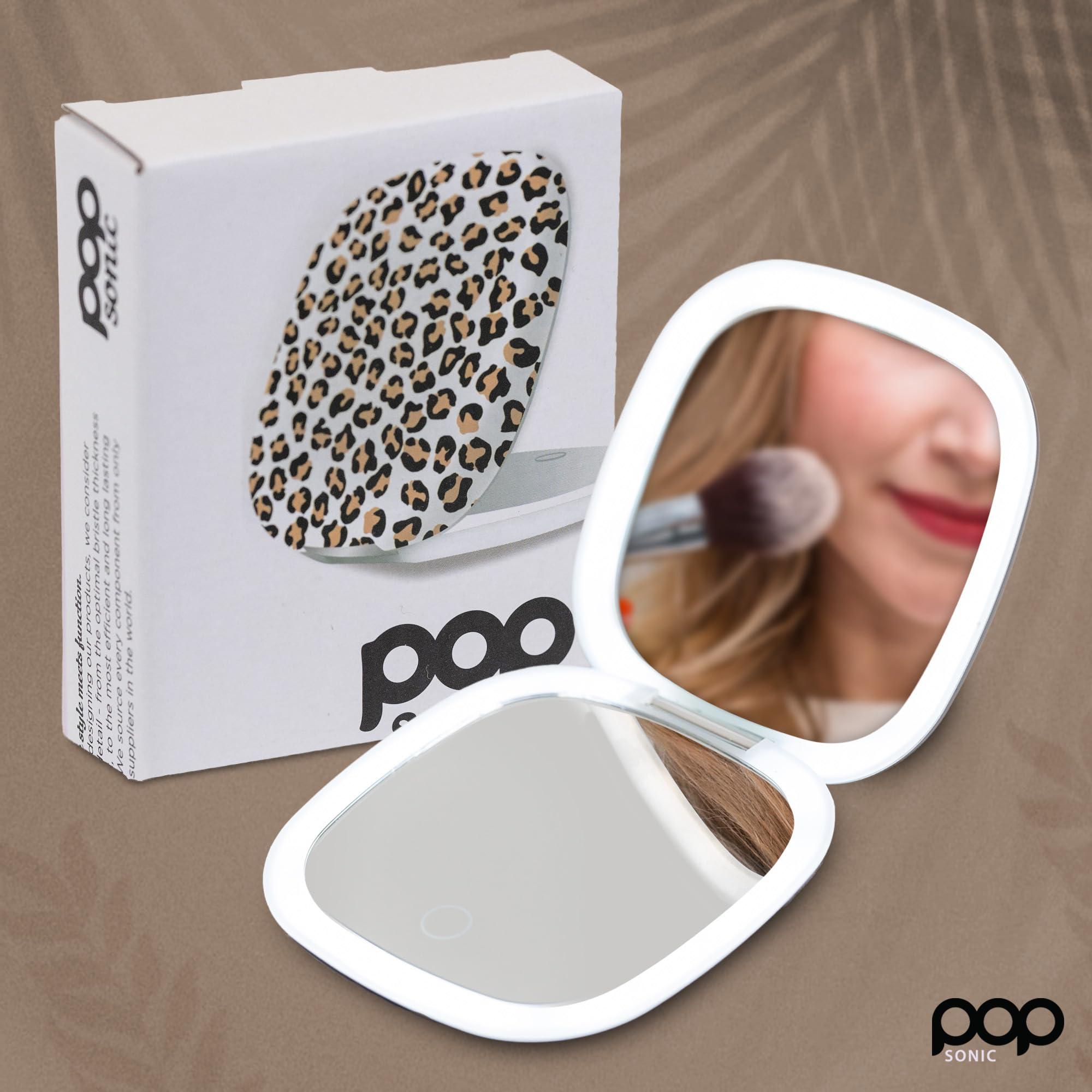 Pop Sonic Square LED Compact Mirror - Adjustable Brightness Light Up Travel Mirror w/ 1x/5x Magnifiers - Portable Makeup Mirror w/Dual-Sided LED Lights (leopard)