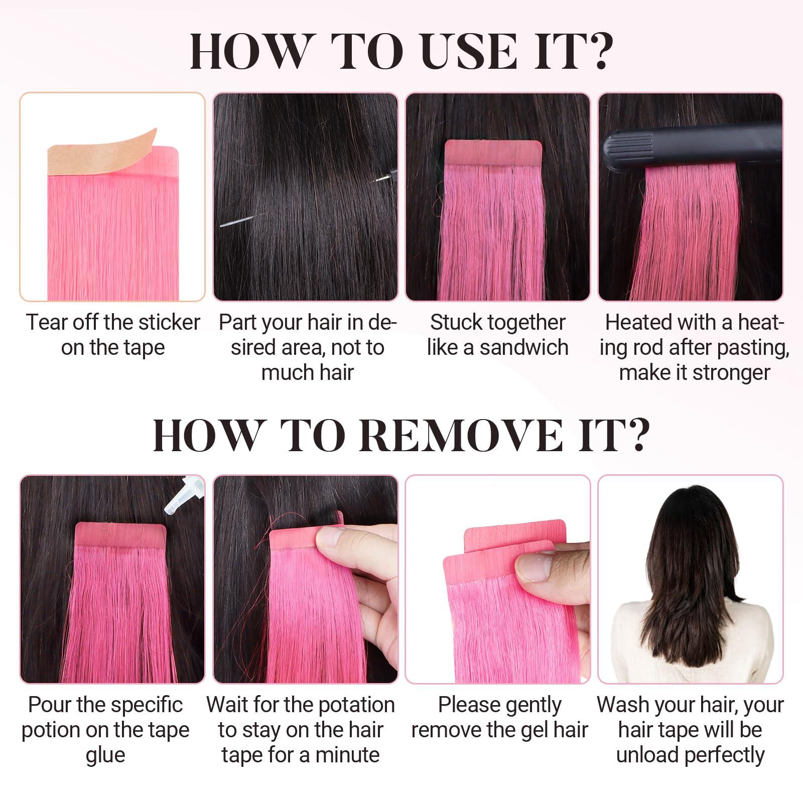 MAXITA MAXITA Tape in Hair Extensions Human Hair Light Pink Hair Extensions Tape ins, 10pcs 30g 20 Inch Colored Party Highlight Tape in Extensions Straight Soft Real Human Hair Extension