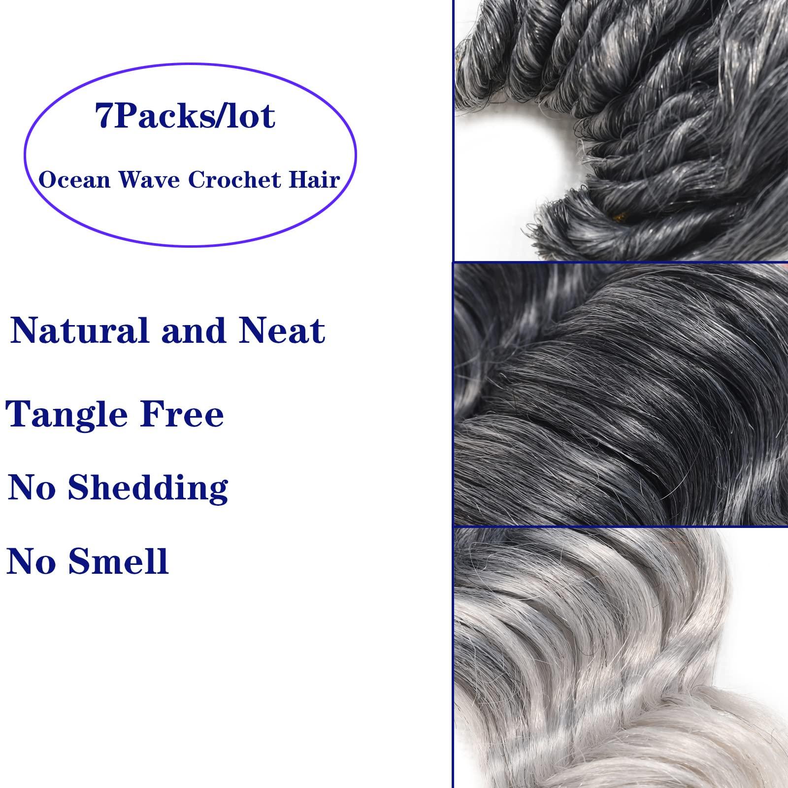 Svolna Ocean Wave Crochet Hair Pre Looped 9 Inch Grey Ombre Curly Braiding Ocean Wave Hair 7 Packs Deep Wave Short Wavy Ocean Wave Crochet Braids Hair Extensions for Women (9Inch (Pack of 7), Tgrey)