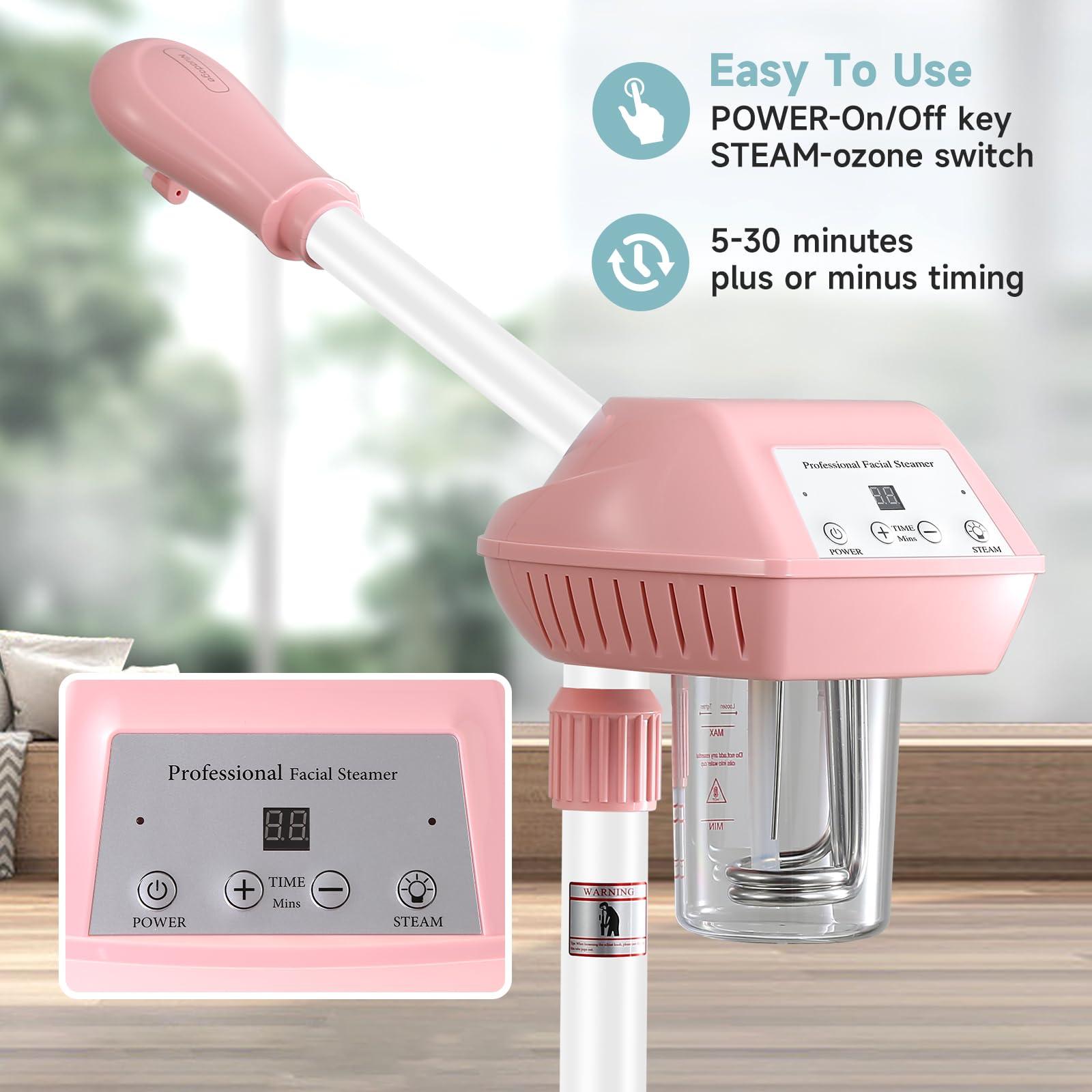 Niuadage Professional Facial Steamer, Facial Steamer on Wheels, Ozone Facial Steamer, Standing Face Steamer, SPA Facial Steamer for Salon and at Home Use, Touch Control, Timing Function, Pink