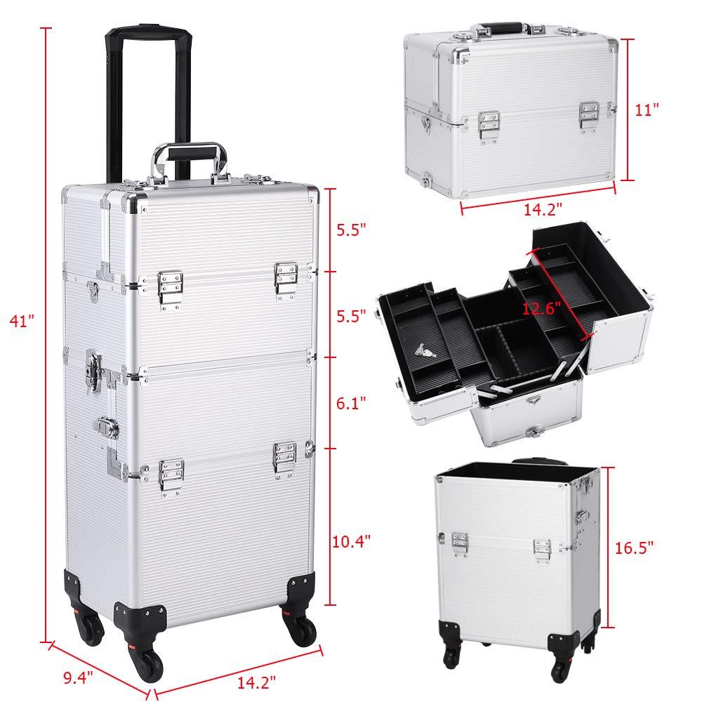 Ochine Ochine 3 in 1 Makeup Case Aluminum Cosmetic Case Rolling Train Case Professional Makeup Train Case Large Capacity Trolley Makeup Travel Case Beauty Storage with Folding Trays and Large Compartments