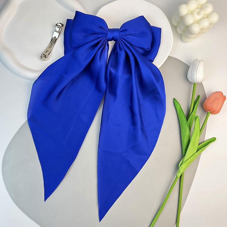 SALOCY SALOCY Blue Hair Bows,2 PCS Satin Hair Bows Clip Big Blue Bow for Women Hair Ribbons Long Tail Hair Bow Hair Barrettes for Wedding Prom Party Charm (Light Blue,Royal Blue)
