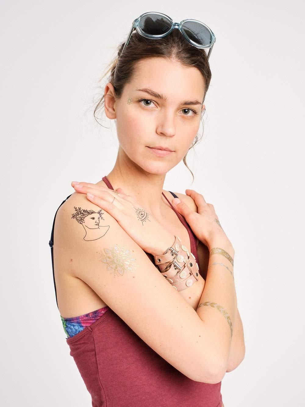 Tatsy Temporary Tattoo Set By Tatsy, The Festival Set, Shiny Glitter Gold, For Women and Men, Original, Unique Design, Cover Up, Fancy Patterns, Waterproof Tattoos, Elephant, Arrows