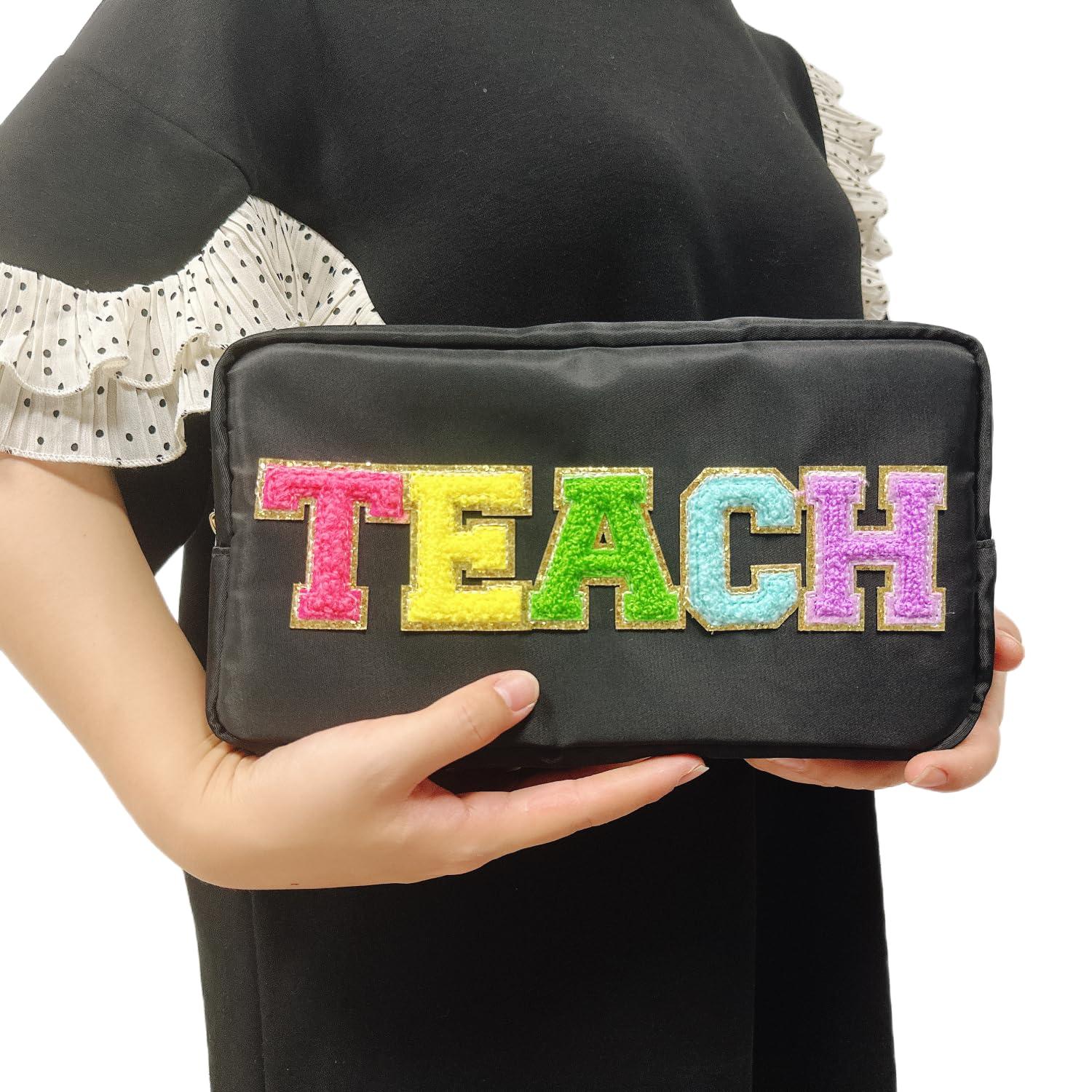 cqoogrlx cqoogrlx Teacher Appreciation Gifts Letter Patch Nylon Makeup Bag Pencil Bag Chenille Varsity Letter Patches Makeup Zipper Pouch Retirement Birthday Teacher Gifts for Women(Teach-black)