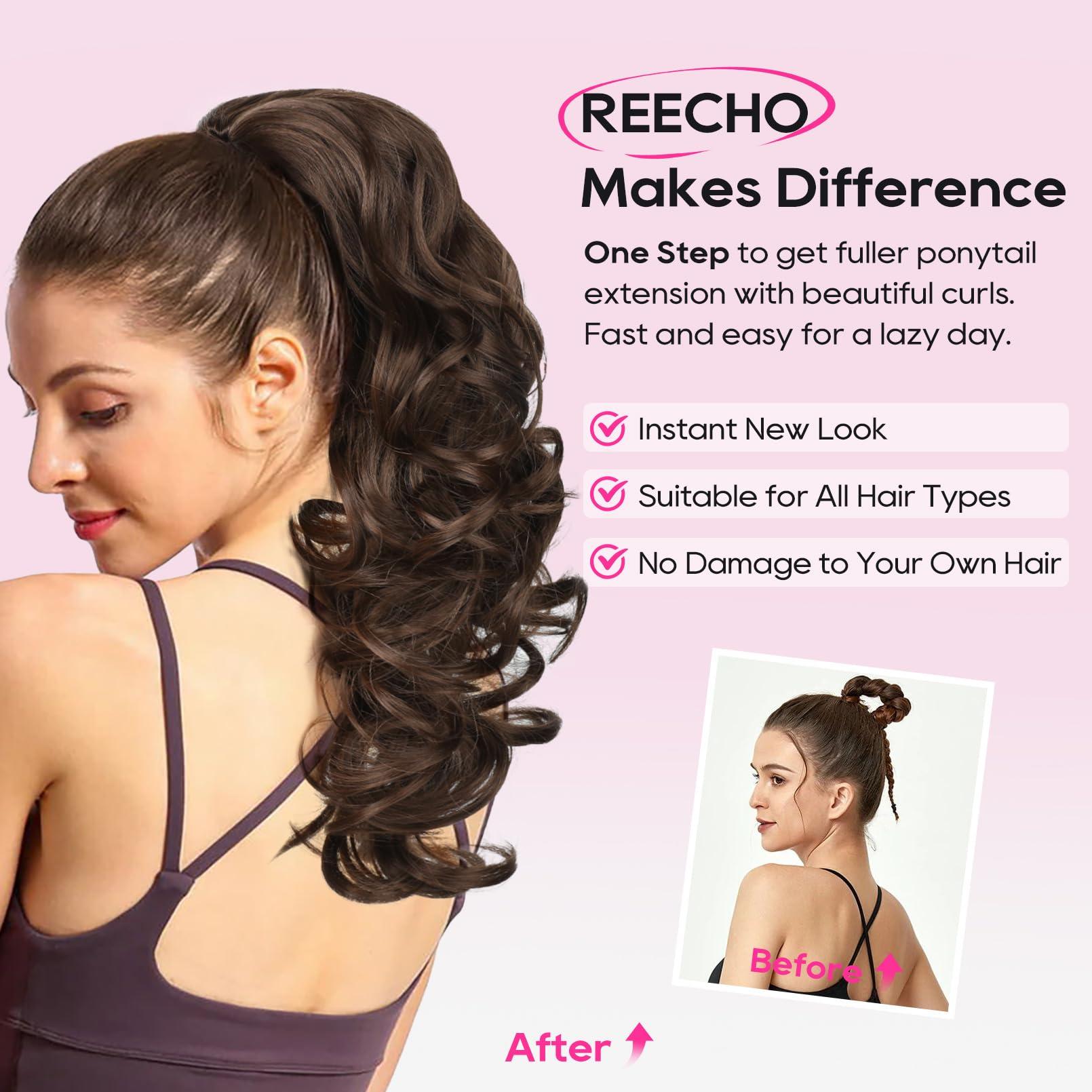 REECHO REECHO Ponytail Extension, 18 inch Drawstring Ponytail Hair Extensions Long Curly Wavy Clip in Pony Tail Synthetic Hairpiece for Women, Chocolate Brown with Highlights