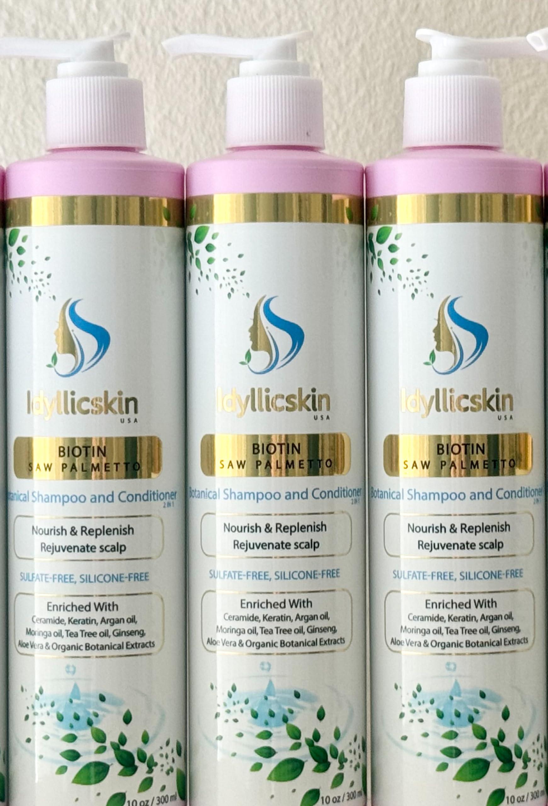 Idyllicskin Biotin and Saw Palmetto Botanical Shampoo and Conditioner, with Argan oil, Tea tree oil, Ceramide, Keratin, Rosemary, Sulfate-free Silicone-free (3 packs)