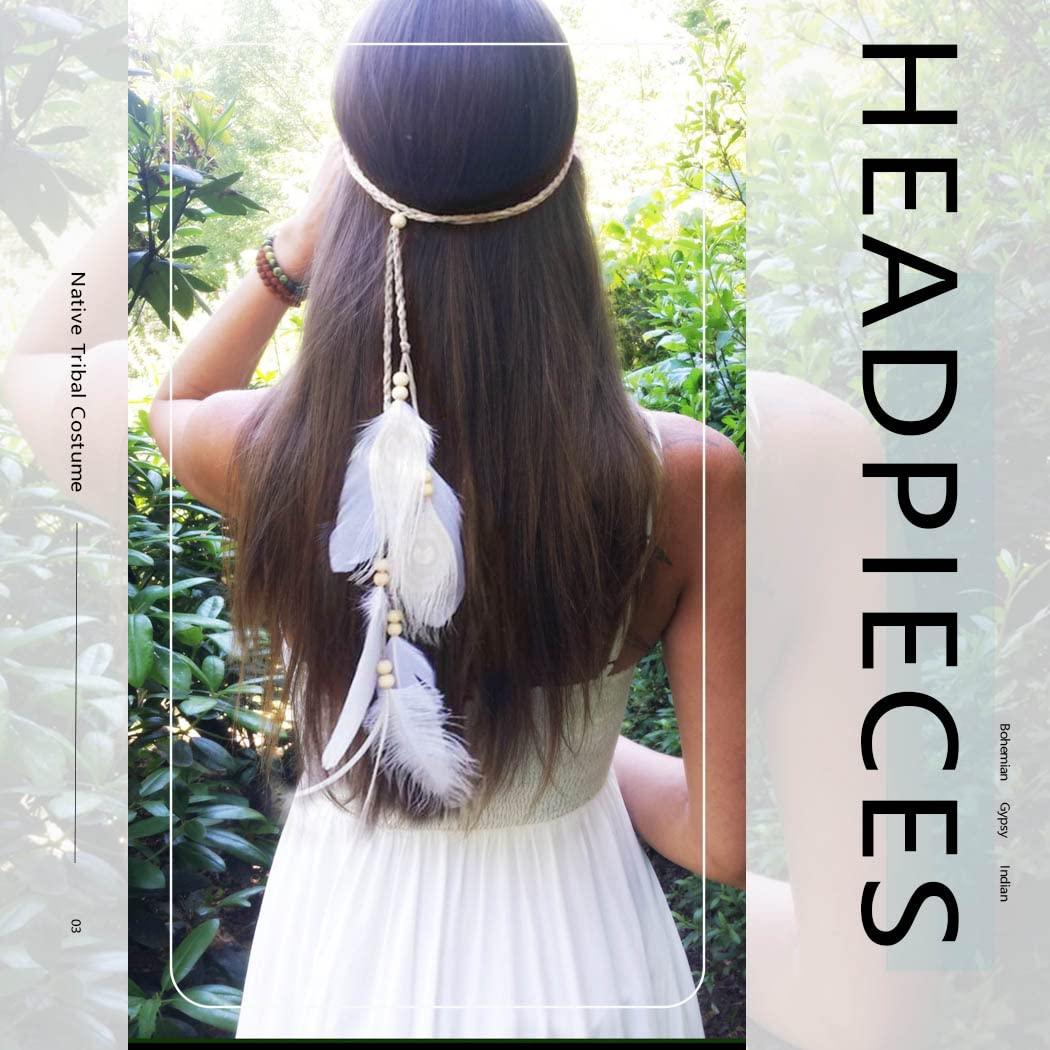 Uranian Uranian Boho Feather Headband Indian Gypsy Hippie Hairband Braided Rope Headdress Adjustable Headpieces for Festival Costume Hair Accessories for Women and Girls (3*White)