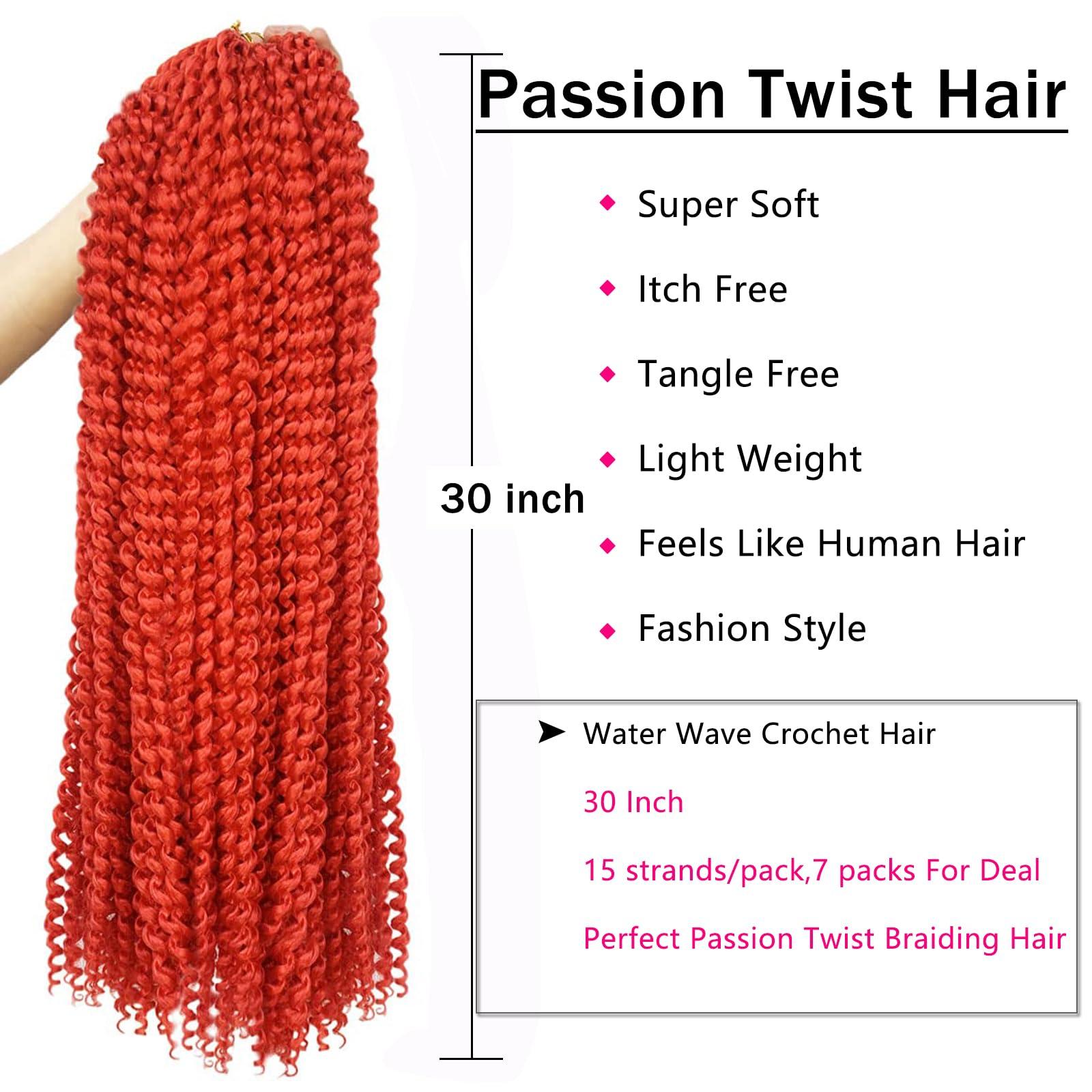 Ahrencan Red Passion Twist Hair, 30 Inch 7 Packs Water Wave Crochet Hair,Wrap Braiding Hair For Passion Twist Crochet Hair/Butterfly Locs/Spring Twist Crochet Braids Boho Hair Extension (30in,Red#)