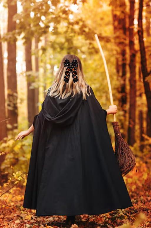 mokkia Halloween Hair Bows Clips for Women Halloween Accessories Outfits Big Spooky Pumpkin Boo Candy Corn Ghost Hair Bows Crystals Jeweled Orange Black Hair Ribbons Barrettes Costume Party Gifts (Pattern A)