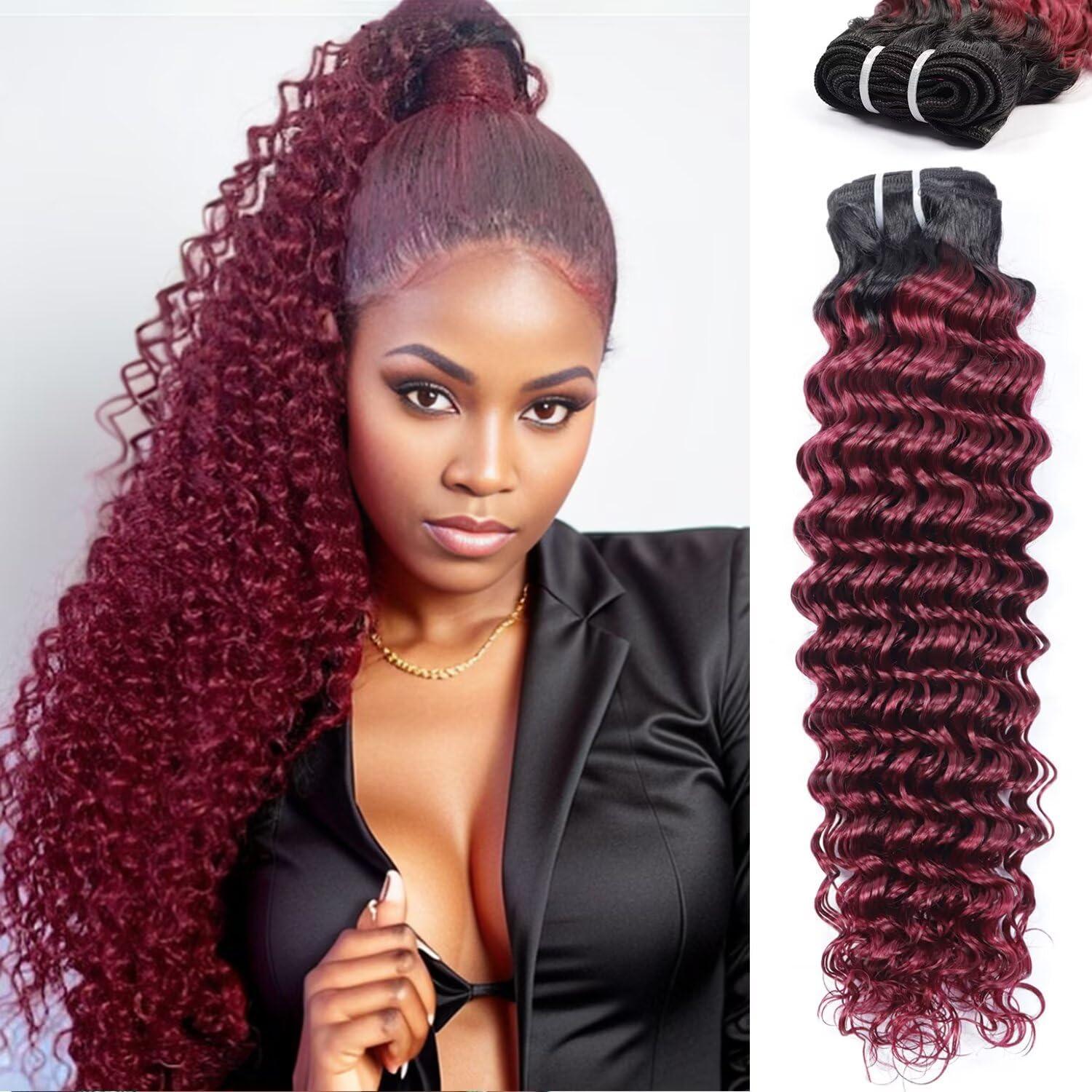 LOLLY HAIR Burgundy Bundles Human Hair 18 Inch T1B/99J Deep Wave Ombre Human Hair Bundles 10A Brazilian Virgin Wet And Wavy Curly Bundles Human Hair Red Water Wave Bundles 2 tone Black to 99J Burgundy