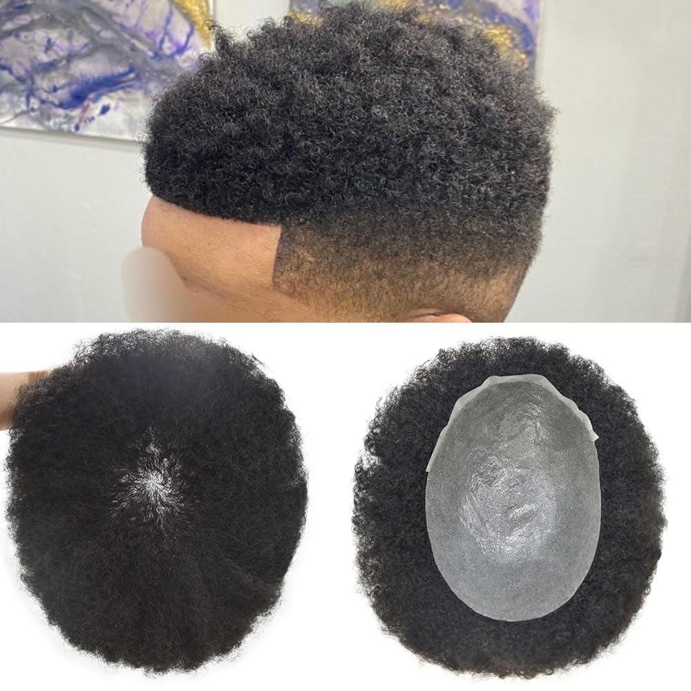 RESHE Afro Toupee For Black Men Ultra Thin Skin Hairpieces African American Men Hair Units For Mens Toupee V-Looped Human Hair Replacement System Male Hair Prosthesis 0.06mm 8X10-1# JET BLACK-14mm wave