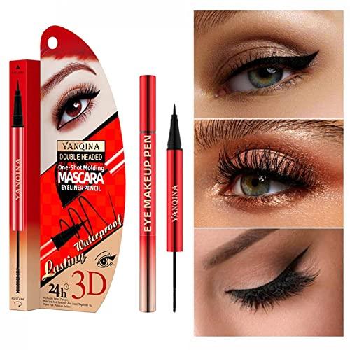 Xiahium Mascara and Eyeliner Set 2 IN 1 Double-headed Strong Black Long Lasting Waterproof Smudge Proof Perfect Cat Eye Makeup Pen