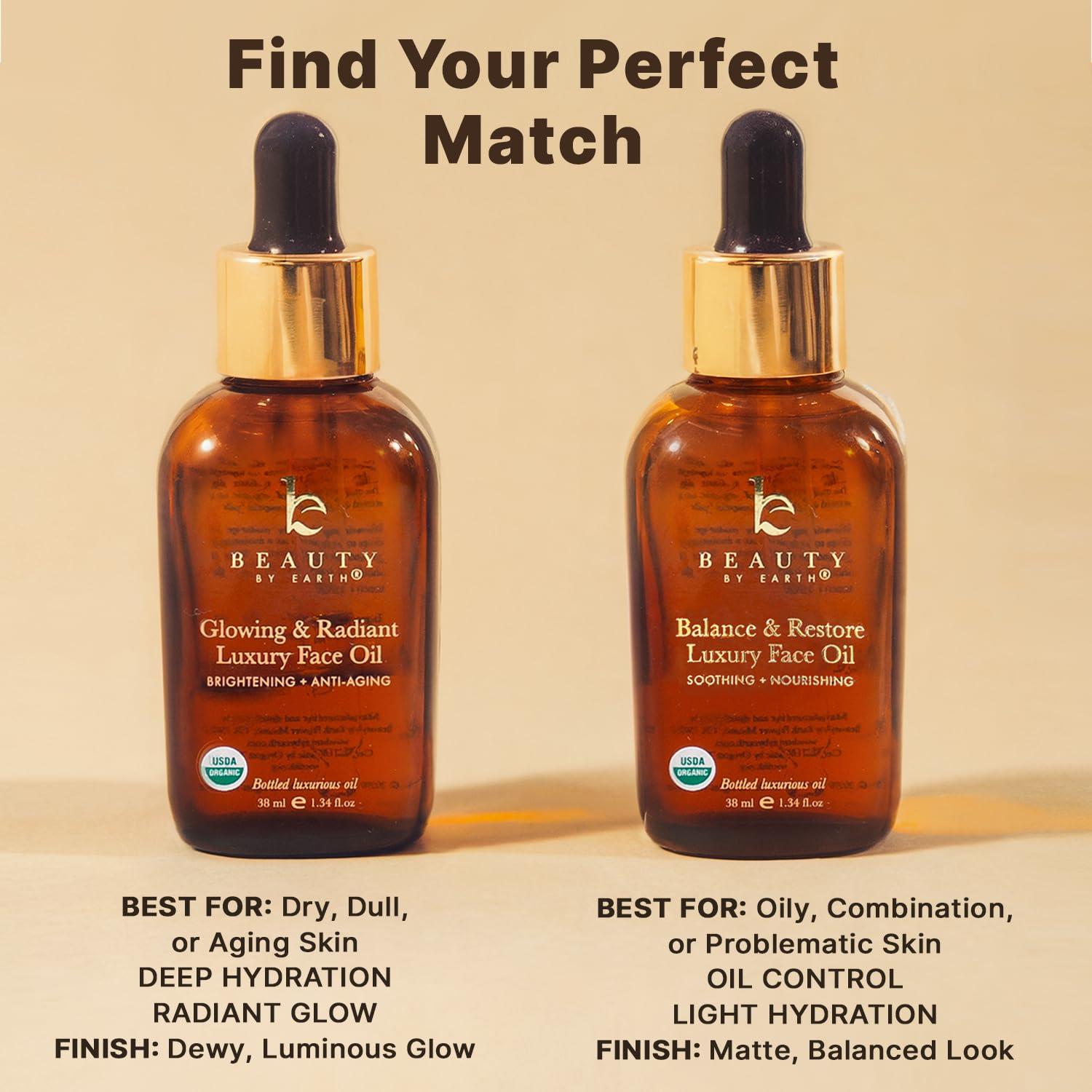 Beauty by Earth USDA Organic Face Oil USA Made with Natural Ingredients, Brightens & Smooths Fine Lines & Wrinkles, Non-comedogenic Lightweight Facial Oil for Dry & Sensitive Skin with Moringa, Jojoba & Argan Oils