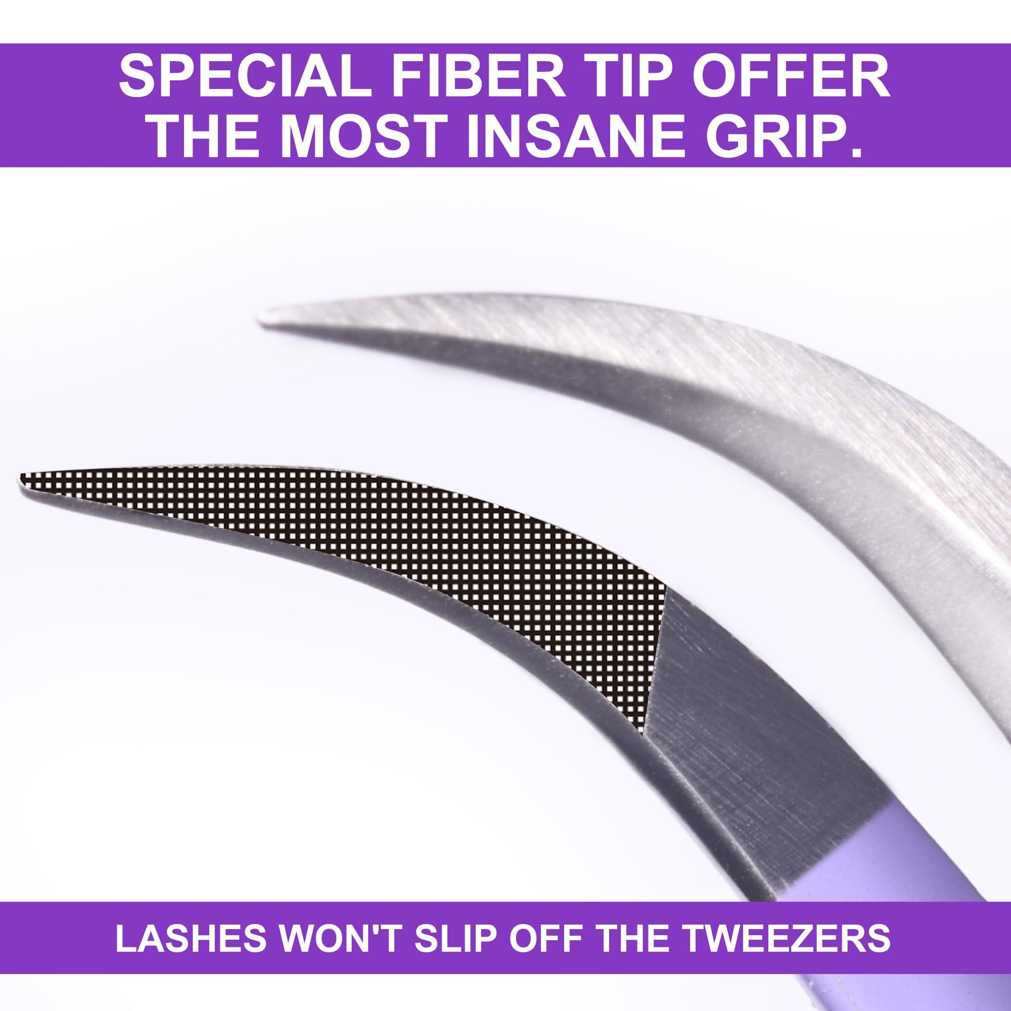 CL CAMILLASH Fiber Tip Lash Tweezers For Eyelash Extension Tweezers Professional Artist Tech Work Kit Tools,Best Volume Eyelash Lashes Extensions Purple Tweezers Precision Supplies(Curved)