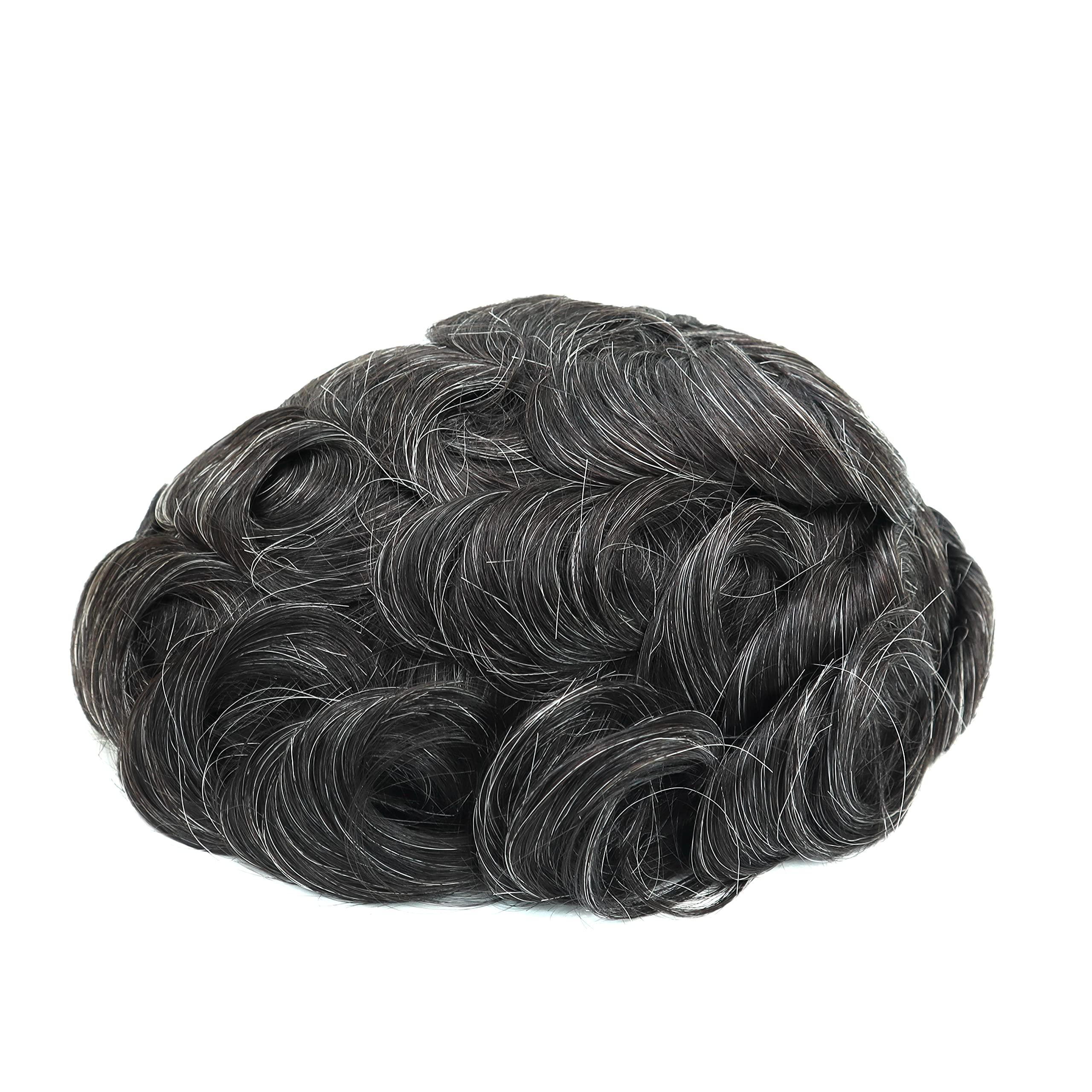 Hair Nature HAIR NATURE Men Toupee Hair Piece, Mens Wigs Human Hair Replacement Systems for Men Natural Real Hair Unit, Hair Style Medium Skin V-looped Scalloped Front Natural Hairline #1B20