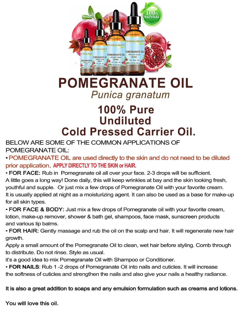 Botanical Beauty POMEGRANATE OIL 100% Pure Natural Refined Cold-pressed Carrier oil 4 Fl oz 120 ml for Face, Skin, Body, Hair, Lip, Nails. Rich in vitamin C by Botanical Beauty