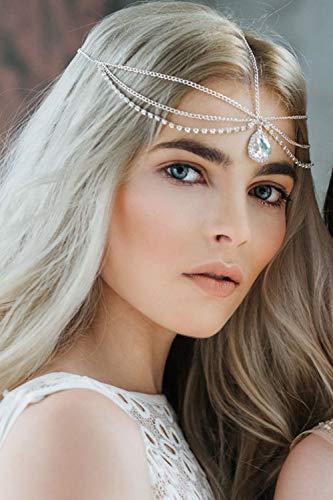 DoubleNine DoubleNine Bohemain Crystal Rhinestone Drop Pendant Tassels Head Chain Silver Headband Retro Hair Accessories Headpiece Head Dress for Women Bride Wedding (silver)