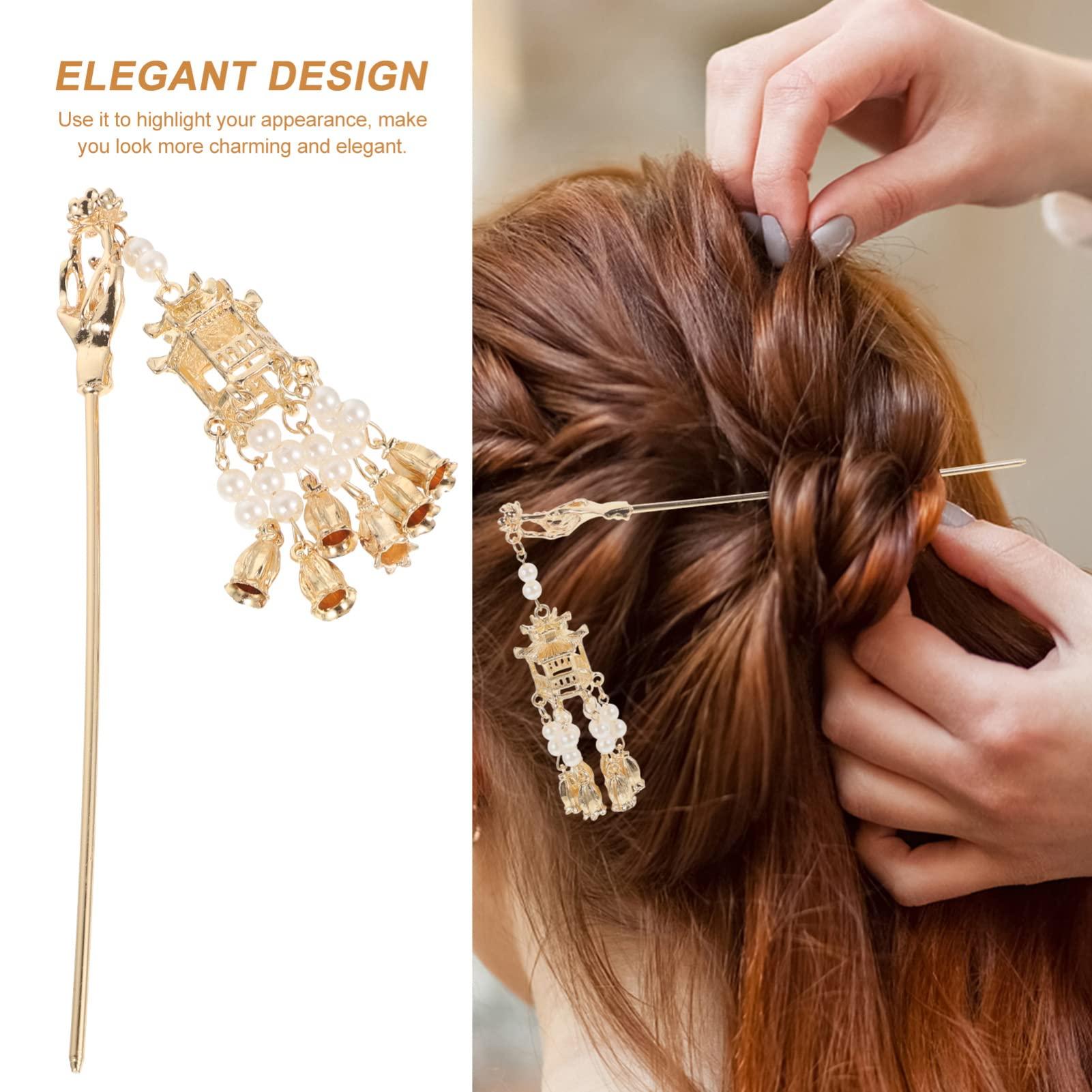 KALLORY Tassel Hairpin, Pearl Hair Stick Retro Hair Bun Pin Pendant Pearls Tassel Hair Chopstick