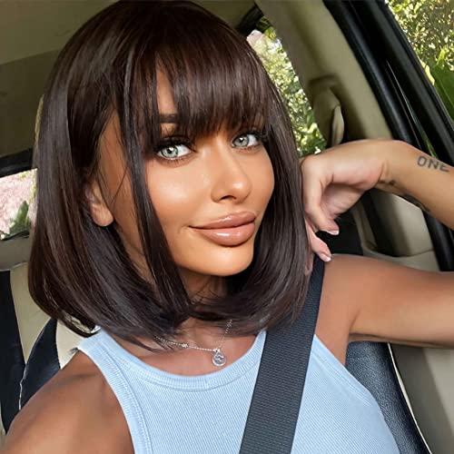 EMMOR EMMOR Dark Brown Bob Wigs for Women Shoulder Length Synthetic Wig with Fringe Bangs High Heat Resistant Wig(Dark Brown)