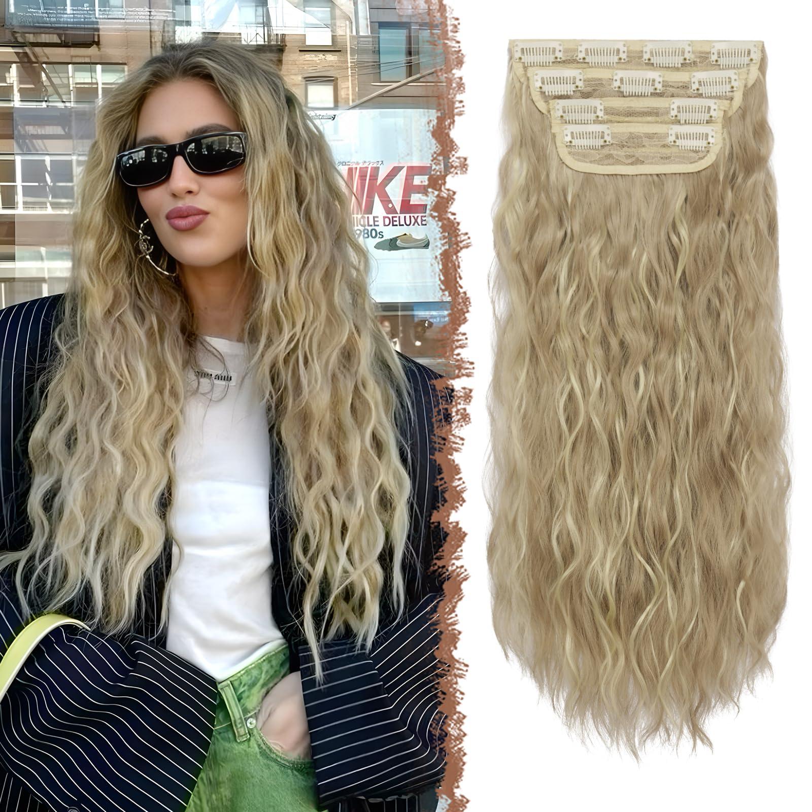 FESHFEN FESHFEN Clip in Hair Extensions 4 PCS Long Wavy Curly Thick Full Head Clip in Hairpieces Synthetic Natural Clip Hair Extension for Women, Dark Ash Blonde Mixed Bleach Blonde 20 inch
