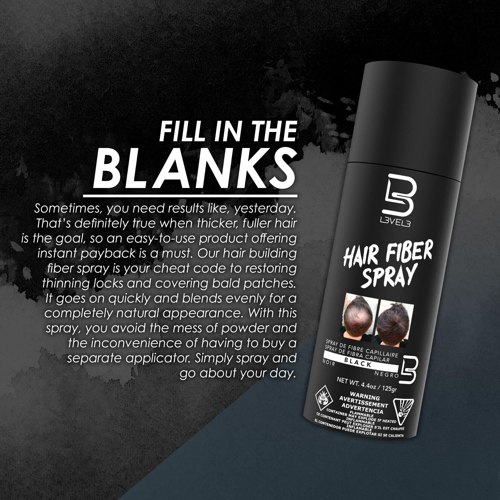 L3 L3 Level 3 Black Hair Fiber Spray - Covers Bald Spots & Thinning Hair - Instant Gray Coverage & Thicker Hair Appearance