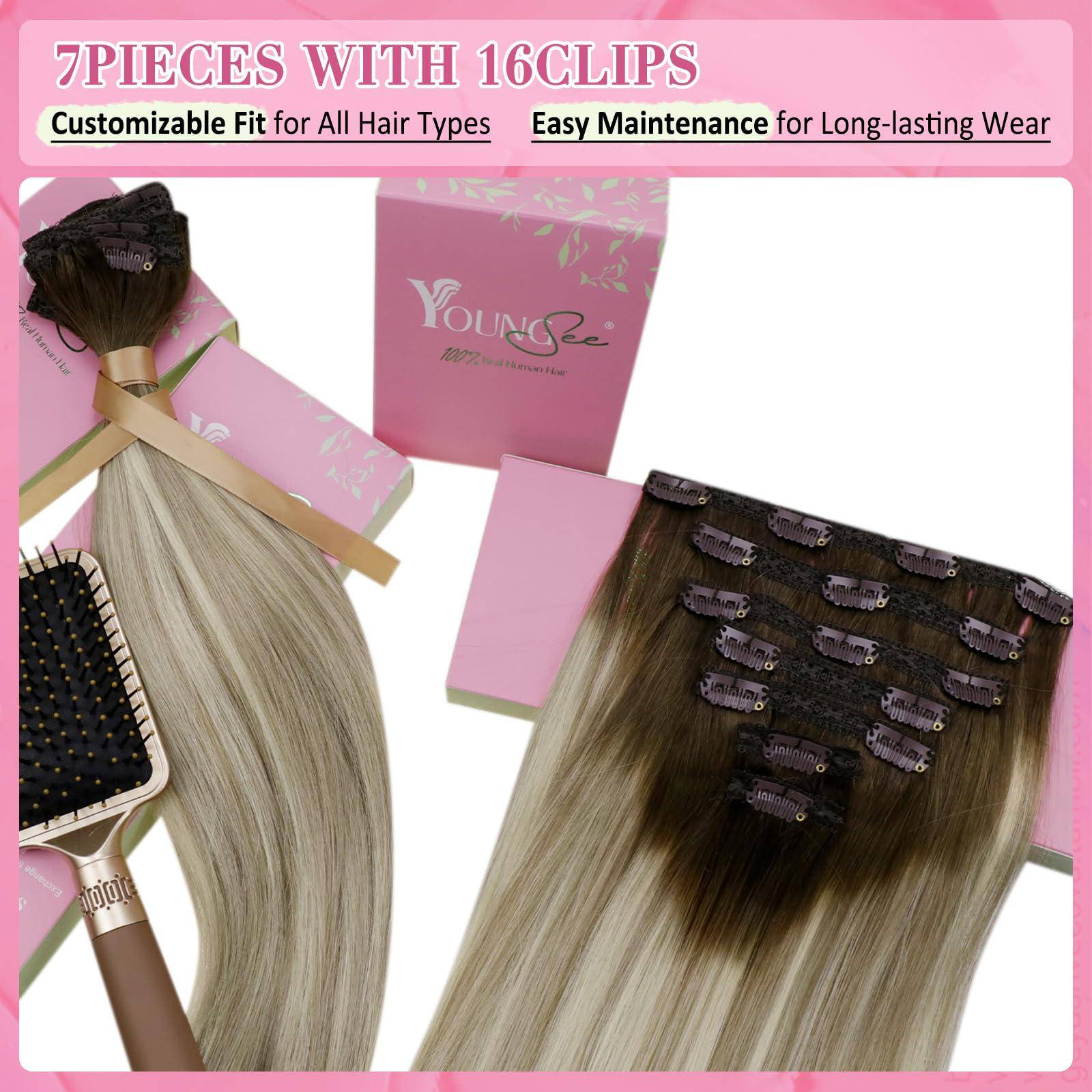 YoungSee YoungSee Clip in Hair Extensions Ombre Blonde Clip in Hair Extensions Real Human Hair Balayage Dark Brown Mix Blonde Straight Hair Extensions Clip ins for Short Human Hair Extensions 12Inch 7Pcs 80G
