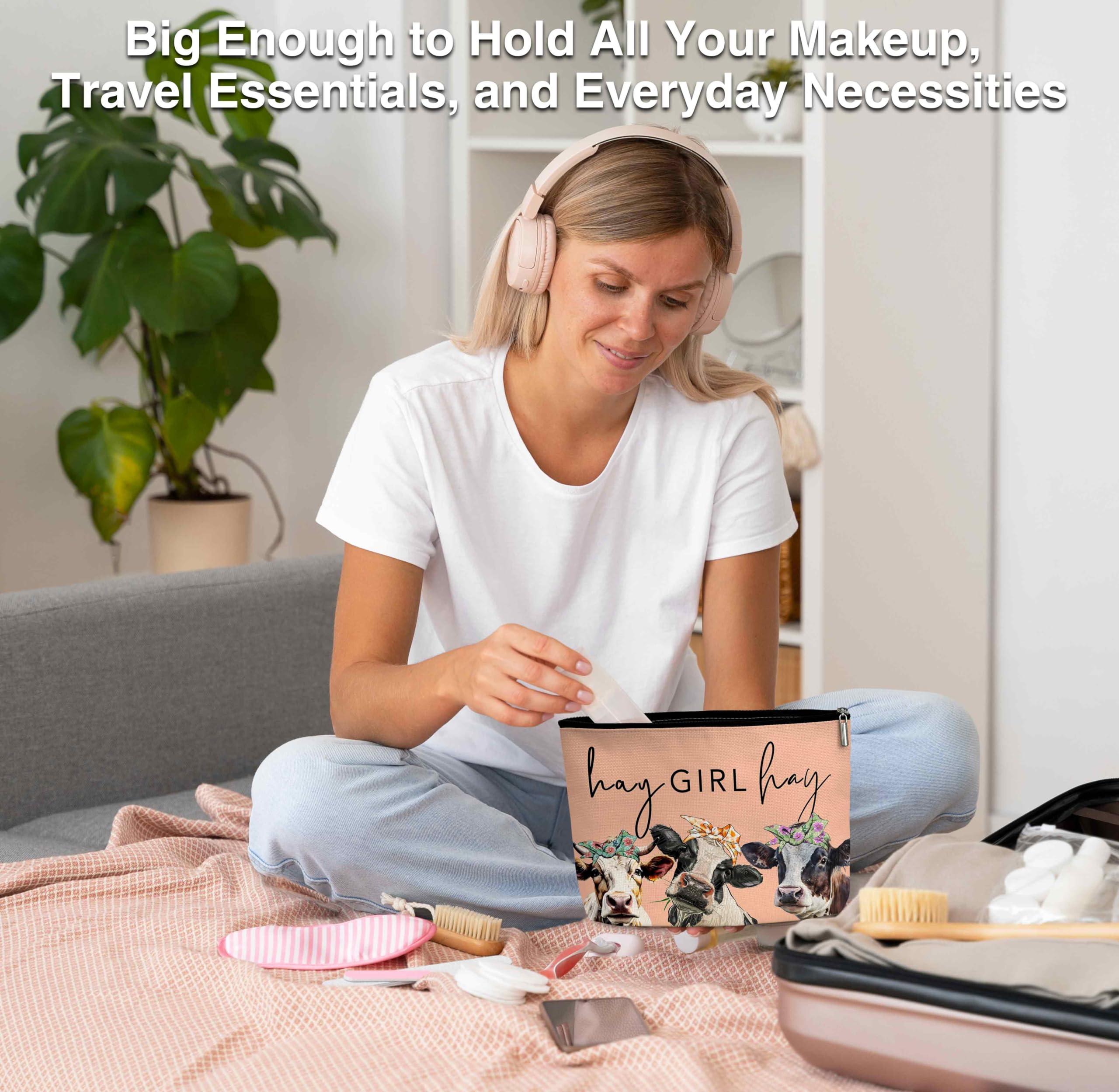 Beshoul Cow Print Stuff Cow Gifts Makeup Bags for Women, Large Capacity Travel Cosmetic Bag with Zipper, Small Makeup Pouch Cute Cow Accessories - B06