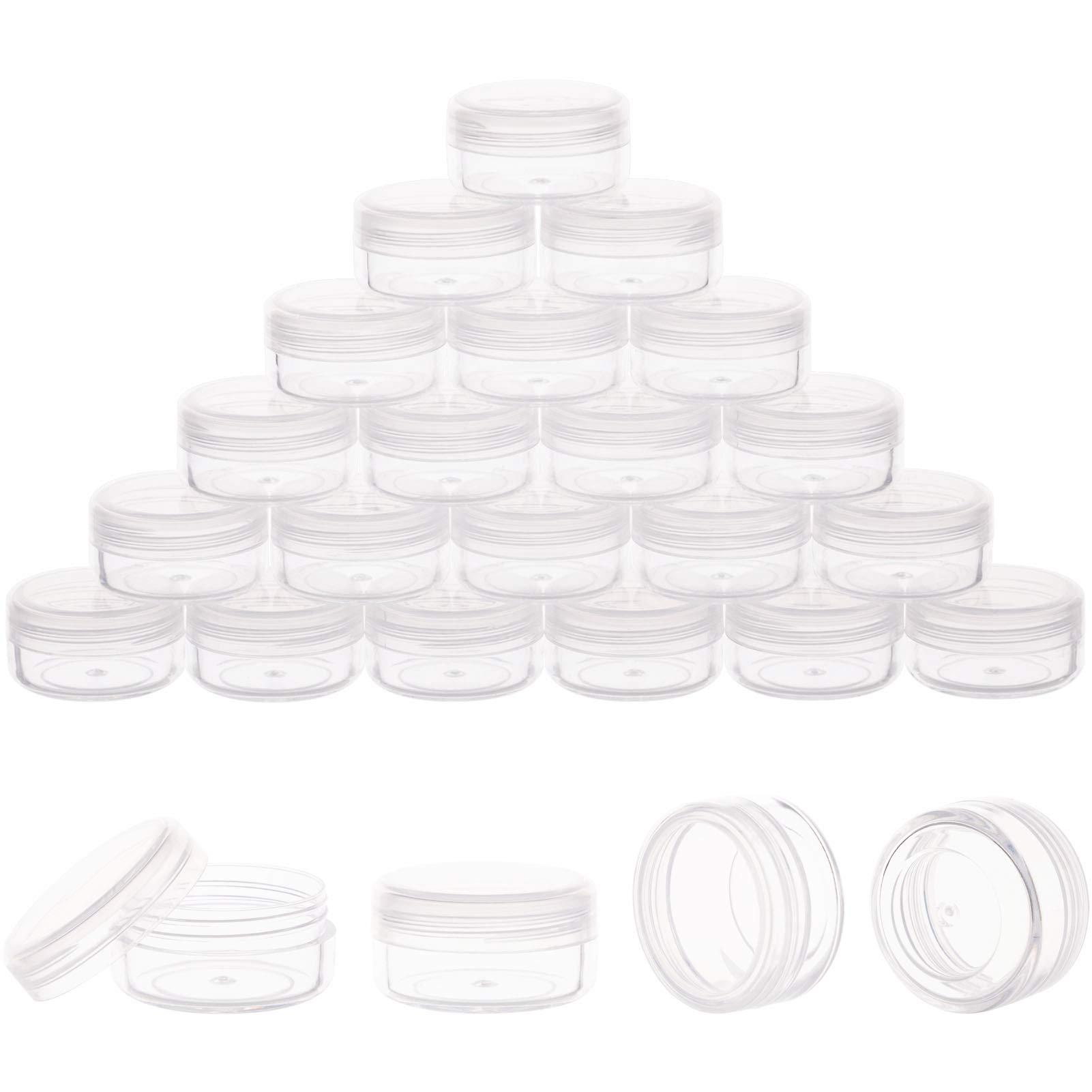 ZIZEMOJA 100 Pack 3 Gram Sample Containers with Lids, 3ml Mini Sample Jars, Tiny Plastic Cosmetic Containers for Lip Balms, Makeup, Lotion, Eye Shadow, Powder, and Lip Balms (Clear Lids)