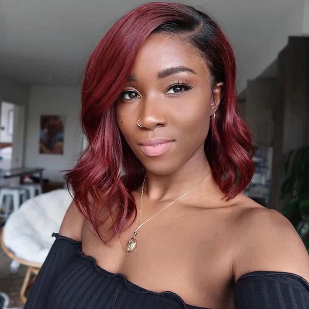 Imeya Imeya 12 Inch Ombre Dark to Burgundy Wig Human Hair Body Wave Lace Front 13x6 Transparent Lace Short Wave Wig for Black Women Brazilian Remy Hair Pre Plucked Bleached Knots Lace 150% Density