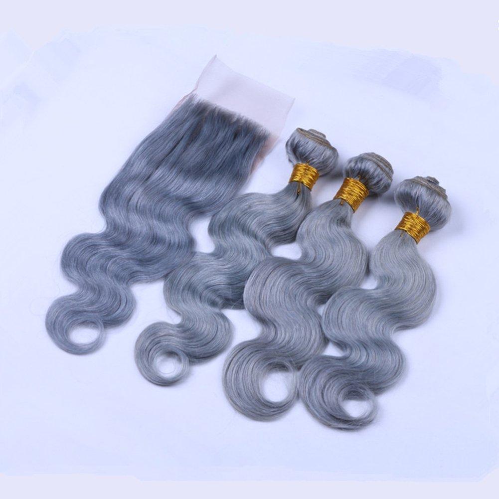 Ruma Hair Ruma Hair Pure Grey Hair Weave 3 Bundles With 4x4'' Lace Closure Silver Grey Body Wave Wavy Virgin Human Hair Extensions With Free Part Top Closures Piece (20 with 22 24 26)