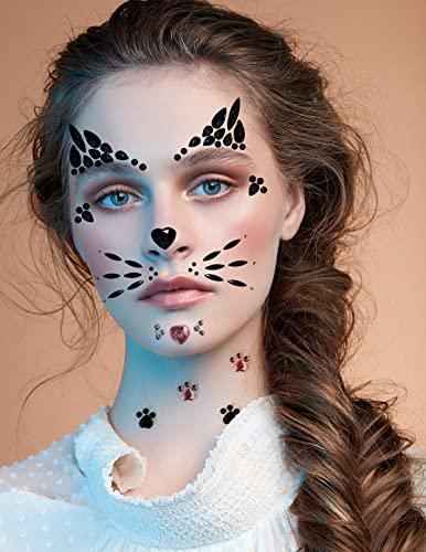 LEOARS Crystal Cat Face Jewels, Pink Cat Print Gems, 2-Sheet Black Cat Eye Gems Sticker and 2-Sheet Fake Cat Lash Gems Tattoo Stick on Face for Women Kids Cat Halloween Makeup