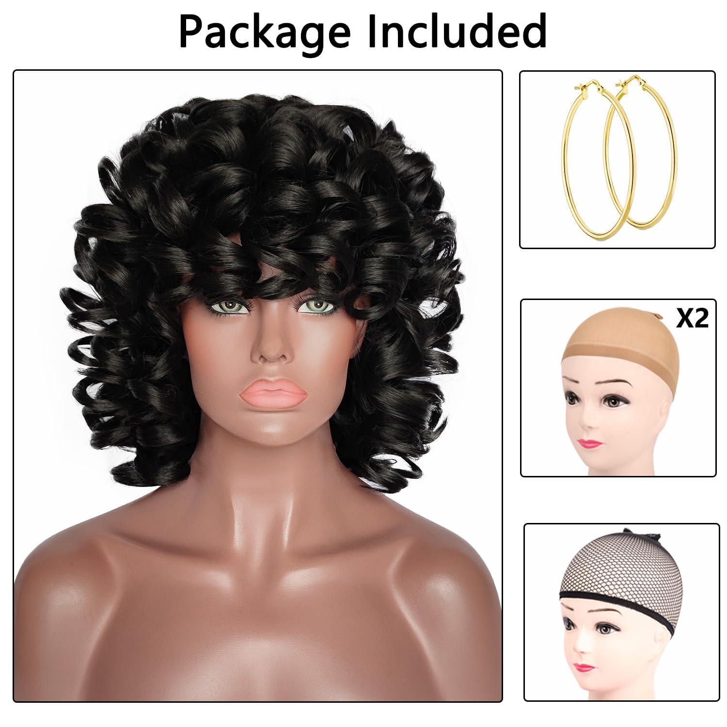 ELIM ELIM Curly Wigs for Black Women Short Kinky Curly Black Wigs for Women Big Curly Afro Soft Wig with Bangs Heat Resistant Natural Cute Synthetic Wig with Accessories Z014