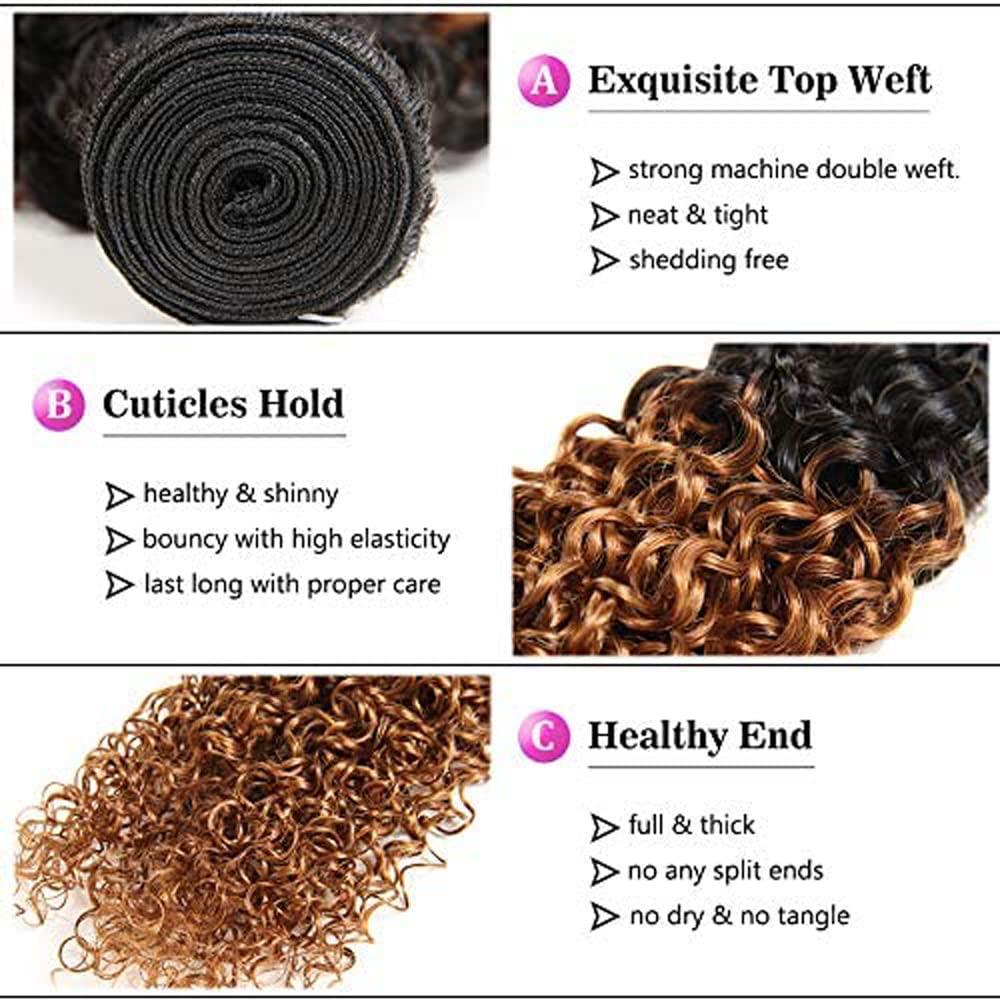 LadrXadr 1B/30 Kinky Curly Bundles Ombre Brown Human Hair Bundles Mixed Length 3 Bundles 20 22 24 Inch Two Tone Black and Brown Bundle Ombre Kinky Curly Bundles Hair Extensions for Women