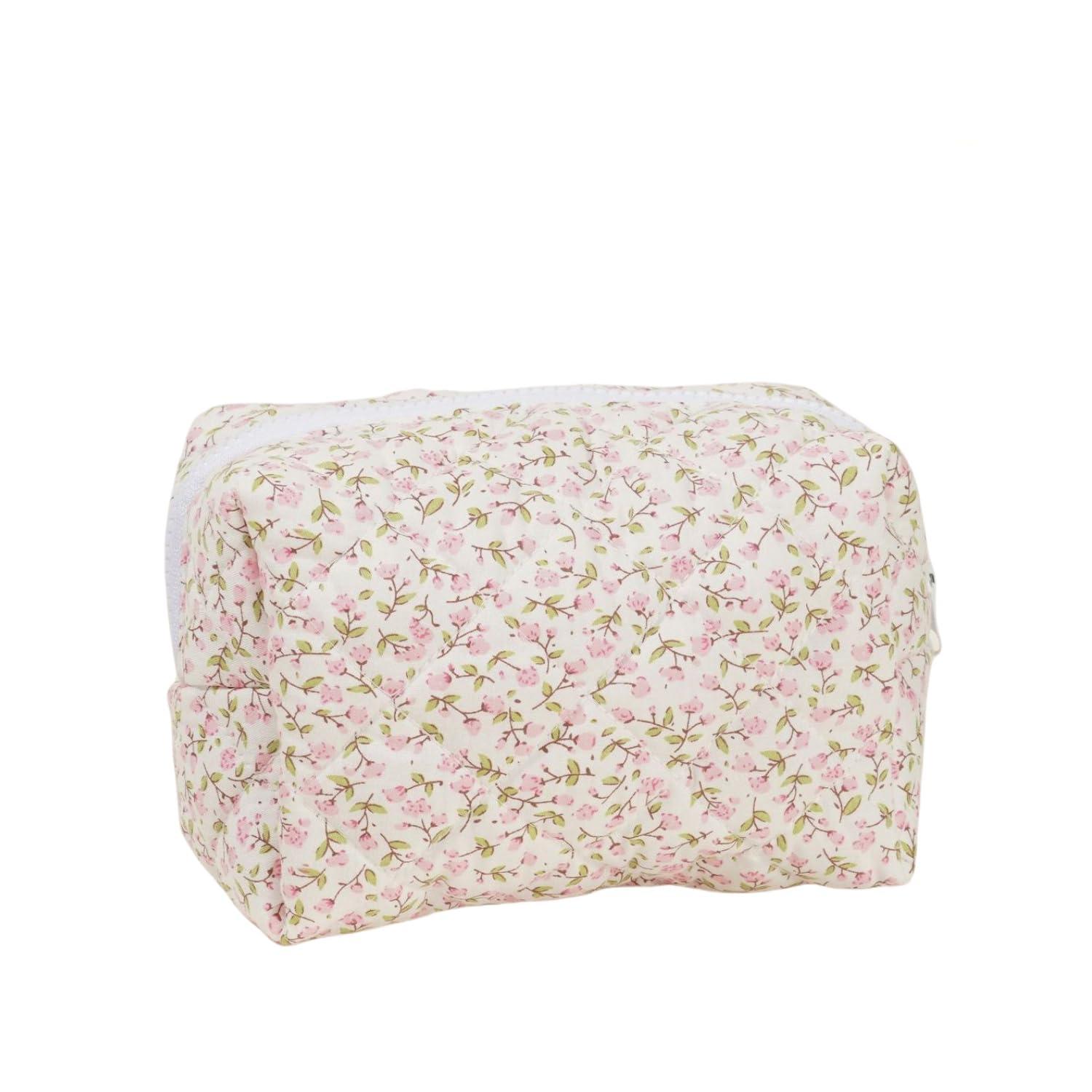 SoGhhd SoGhhd Small Quilted Cotton Makeup bag, Cute Floral Cosmetic bag, Cotton Aesthetic Makeup Pouch, Large Capacity Travel Toiletry Bag for Women and Girls (Pink)