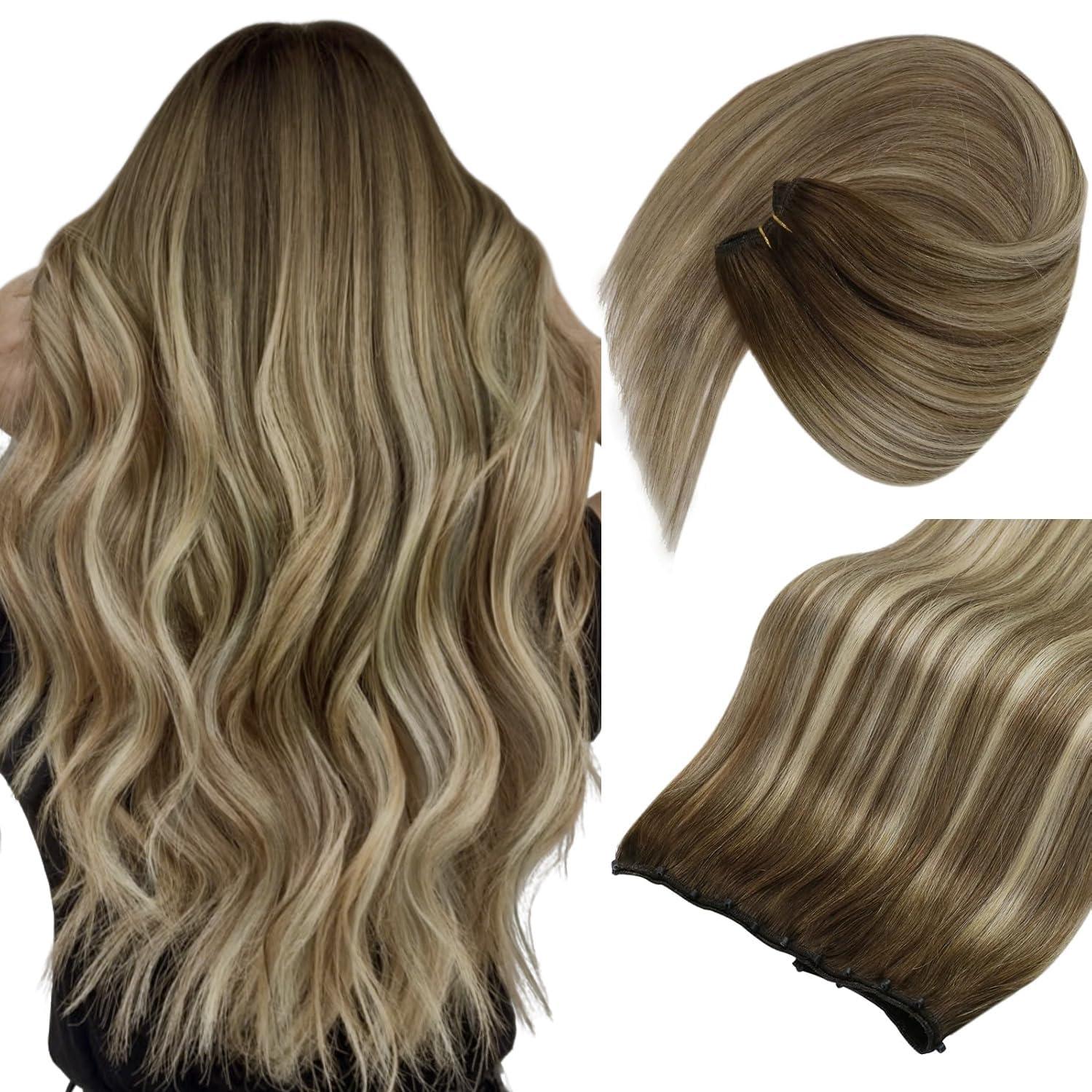 Sunny Hair Sunny Hair Beaded Weft Hair Extensions Human Hair 50G Micro Bead Hair Extensions Real Human Hair Vigorous Weft Hair Extensions with Micro Beads Cool Brown Balayage Light Brown to Blonde 16 inch