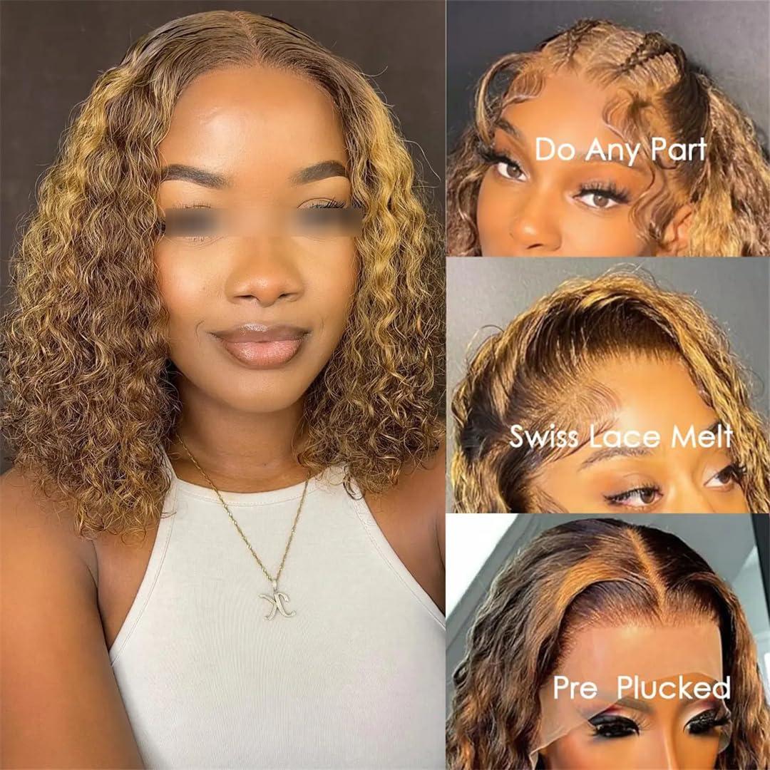 Wjnvfioo Short Curly Bob Wig 13X4 Lace Front Human Hair Wigs Pre Plucked Brown Short Deep Wave Wigs #4 10inches#150%