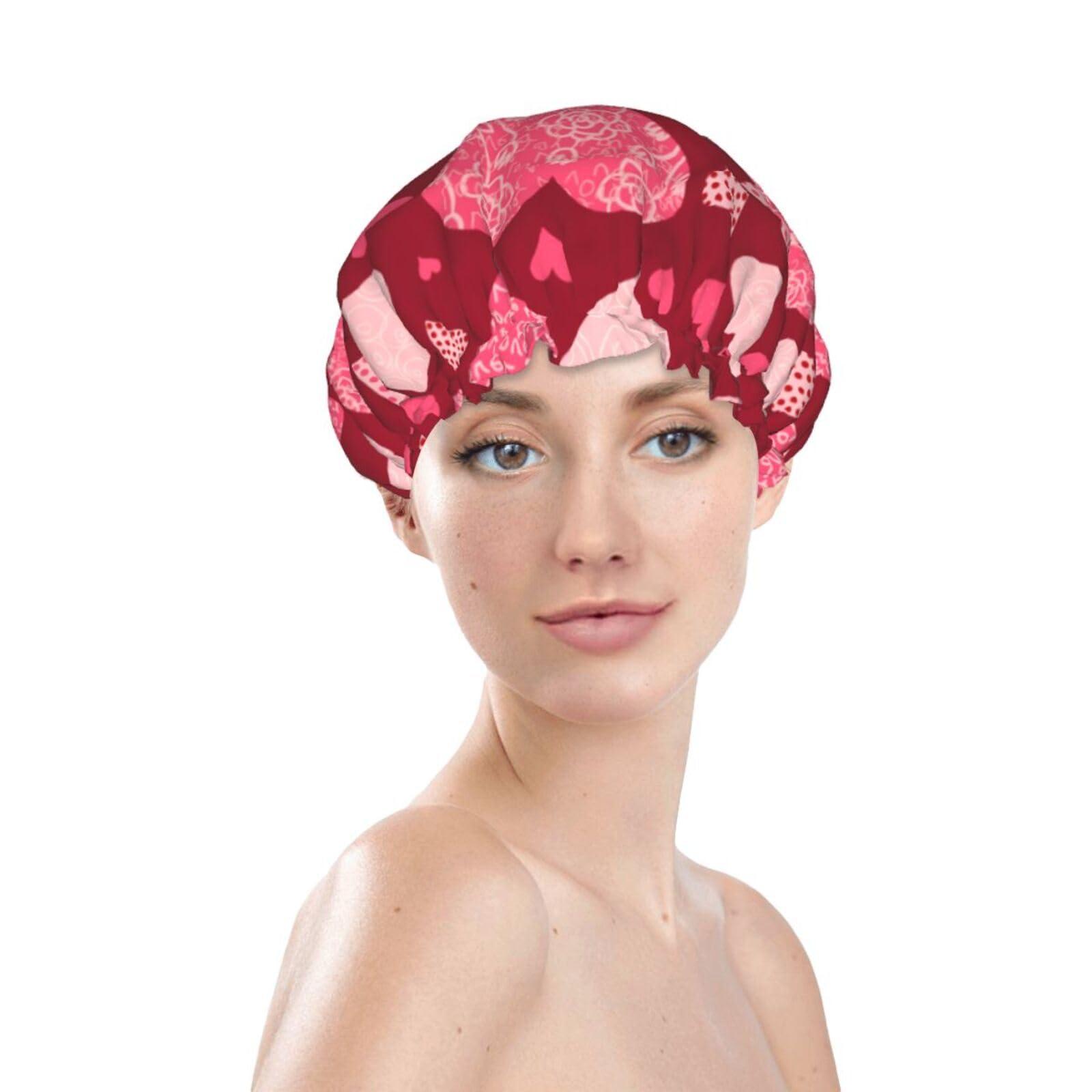 YIPOCH Pink Floral Plaid Hearts Large Shower Cap for Women Men Shower Caps for Women Reusable Waterproof Hair Cap Double Layers Showercap With PEVA Lined & Elastic Band Fashion Shower Bonnet