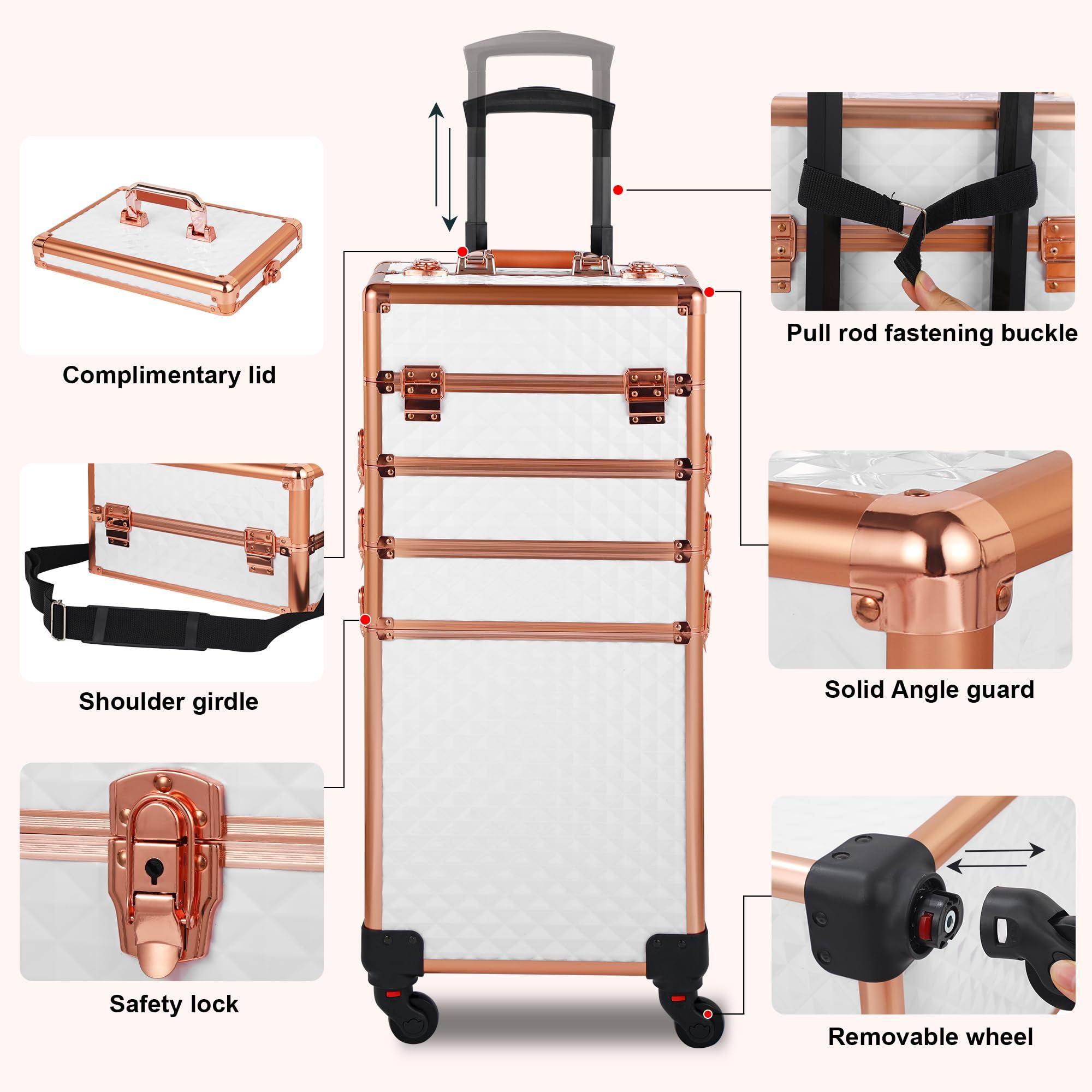 Somduy Somduy Rolling Makeup Case, Makeup Train Case with Lid, 5 in 1 Cosmetology Case on Wheels, Christmas Gift, Large Makeup Case Organizers, Profesional Cosmetic Case for Salon Barber, White Gold