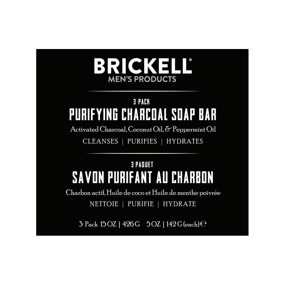 Brickell Men's Products Brickell Men\'s Purifying Charcoal Soap Bar for Men (3 Pack), Natural and Organic, Exfoliating Bar Soap Handmade with Activated Charcoal and Peppermint Scented, 5 Ounce Bar (3 Pack)