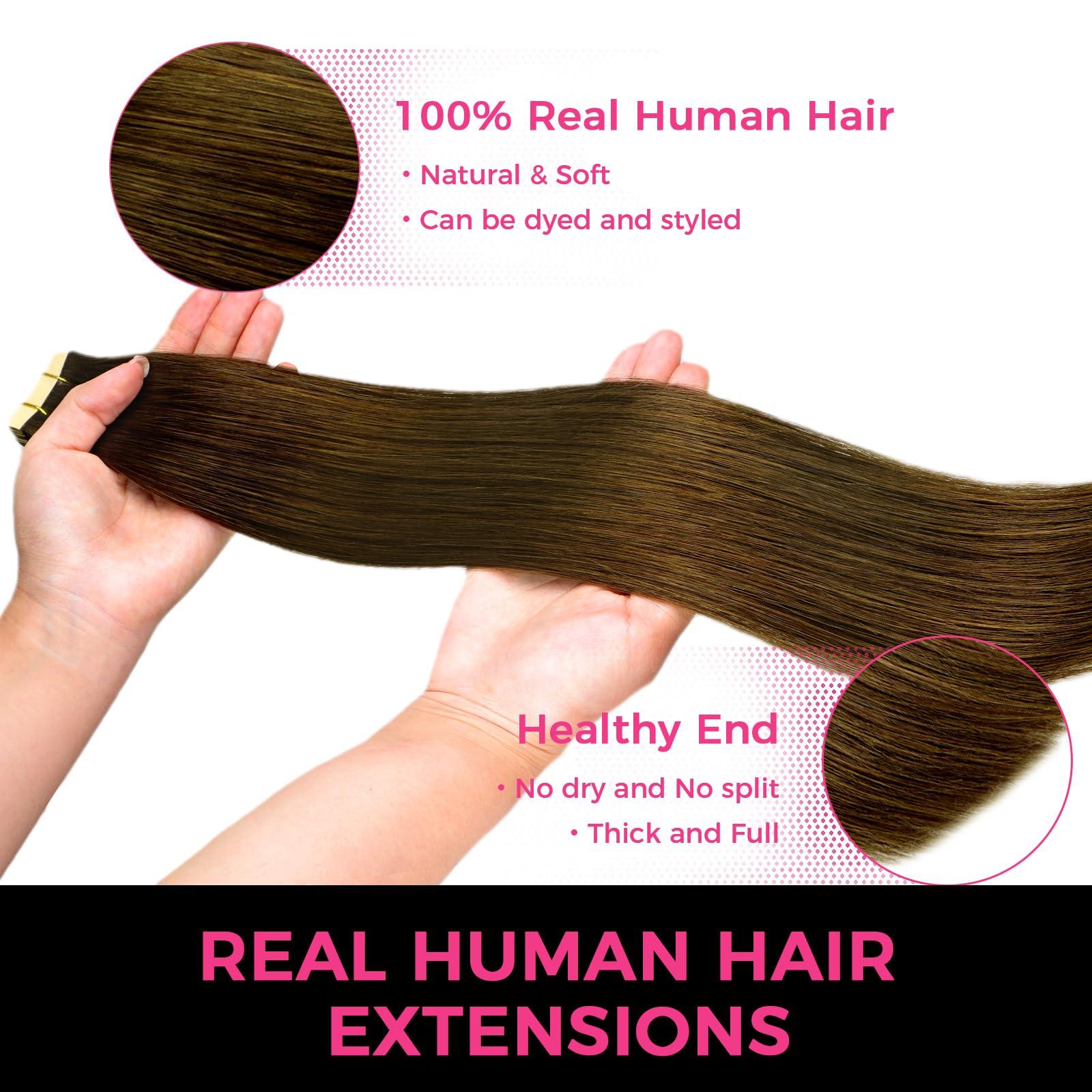 Lashey Lashey Tape in Hair Extensions Human Hair 50g 20pcs 16 Inch Chocolate Brown Tape in Extensions with Double-Side Tape Straight Invisible Tape in Hair Extensions for Women