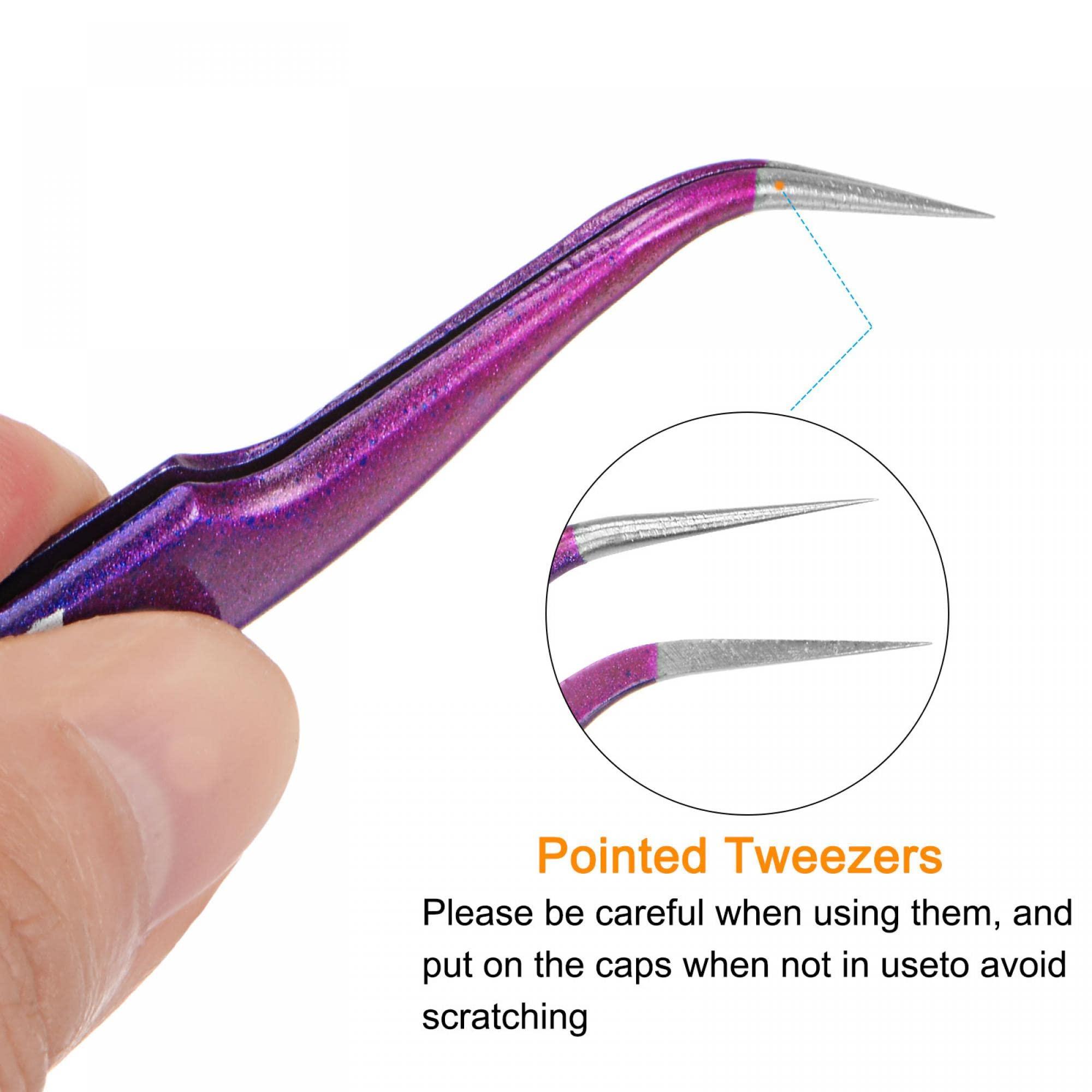uxcell uxcell Non-magnetic Curved Tip Tweezer Anti-static Stainless Steel Precision Tweezer for Eyelash Extensions Volume Purple Blue with Flower Print 4Pcs